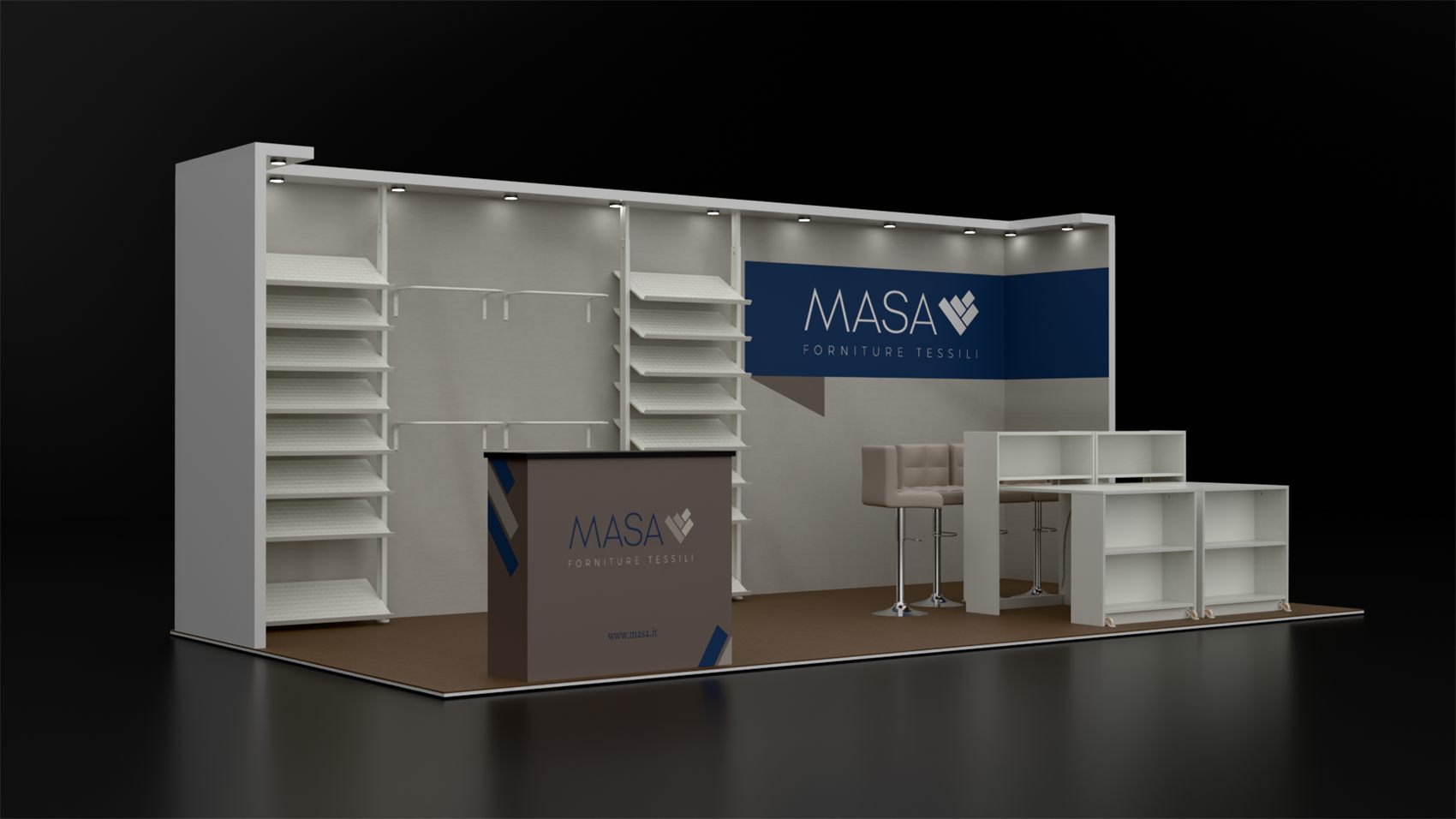 10×20 Inline Booth With Slatted Sample Shelving and Bar Seating