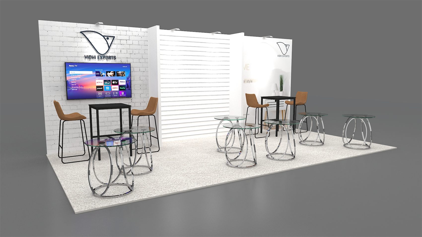 10×20 Inline Booth With Slatwall Center Panel and High-Top Seating