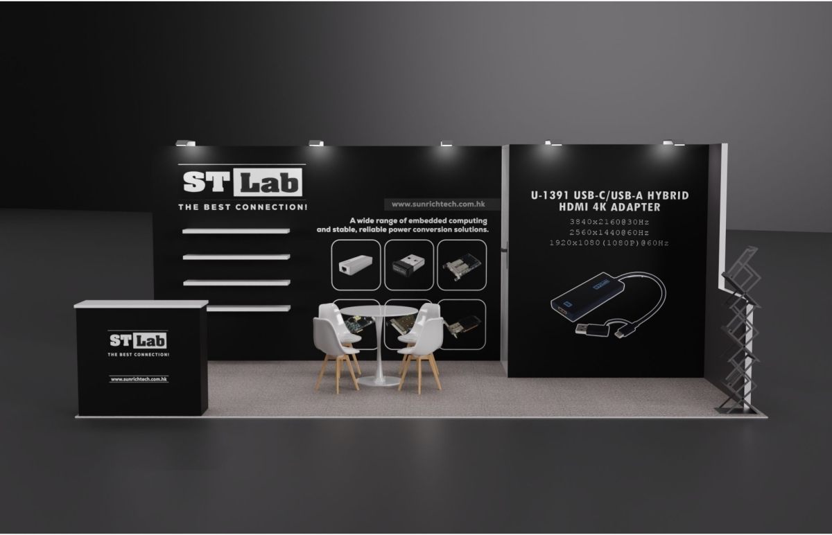 Design render of a 10×20 inline trade show booth: inline booth with storage closet and floating wall shelves
