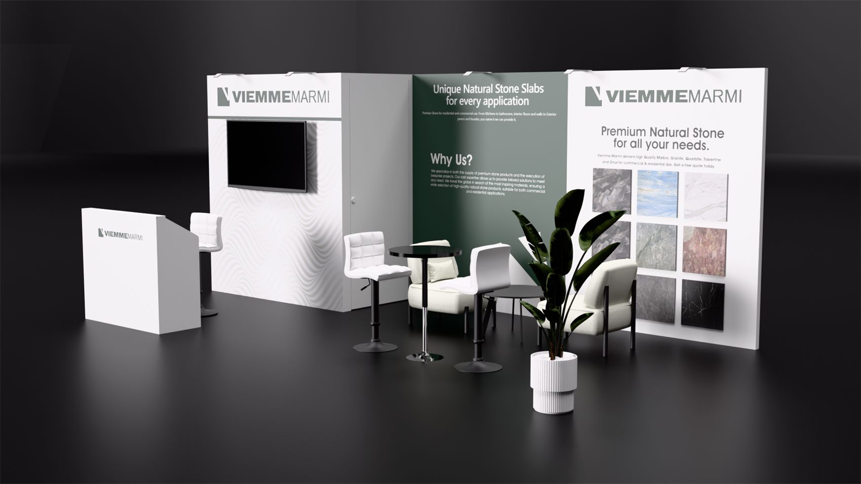 10×20 Inline Booth With Storage Room and Stone Sample Wall
