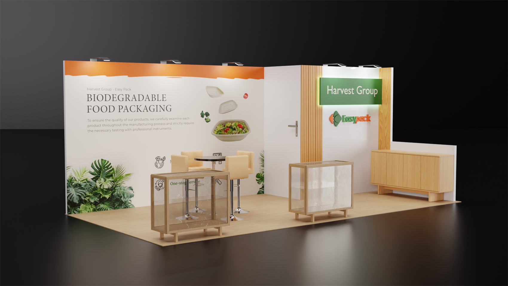 10×20 Inline Booth With Storage Room and Wood-Frame Glass Showcases