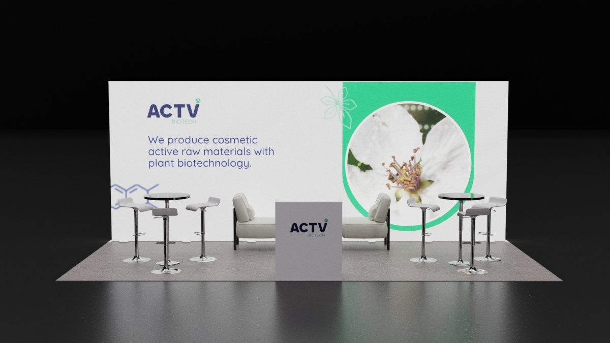Design render of a 10×20 inline trade show booth: inline booth with tall lit wall and lounge seating