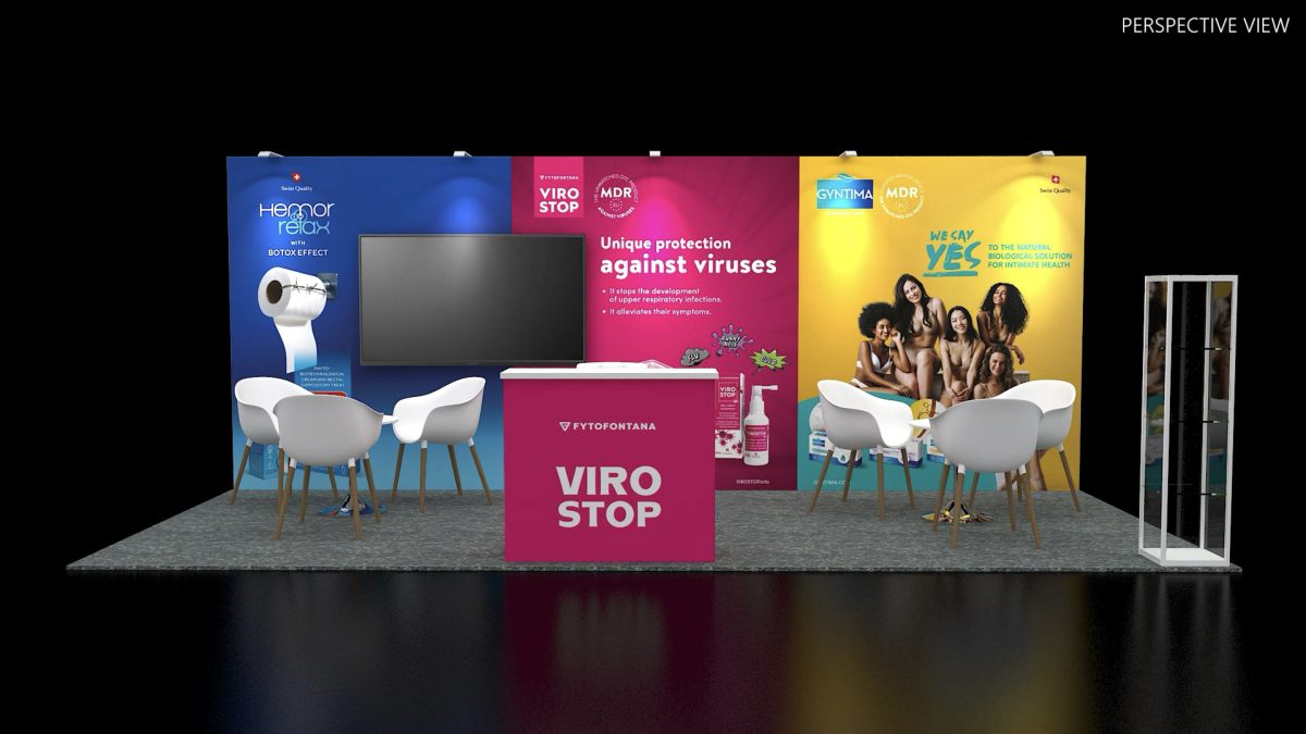 Design render of a 10×20 inline trade show booth: inline booth with three-panel graphics and screen