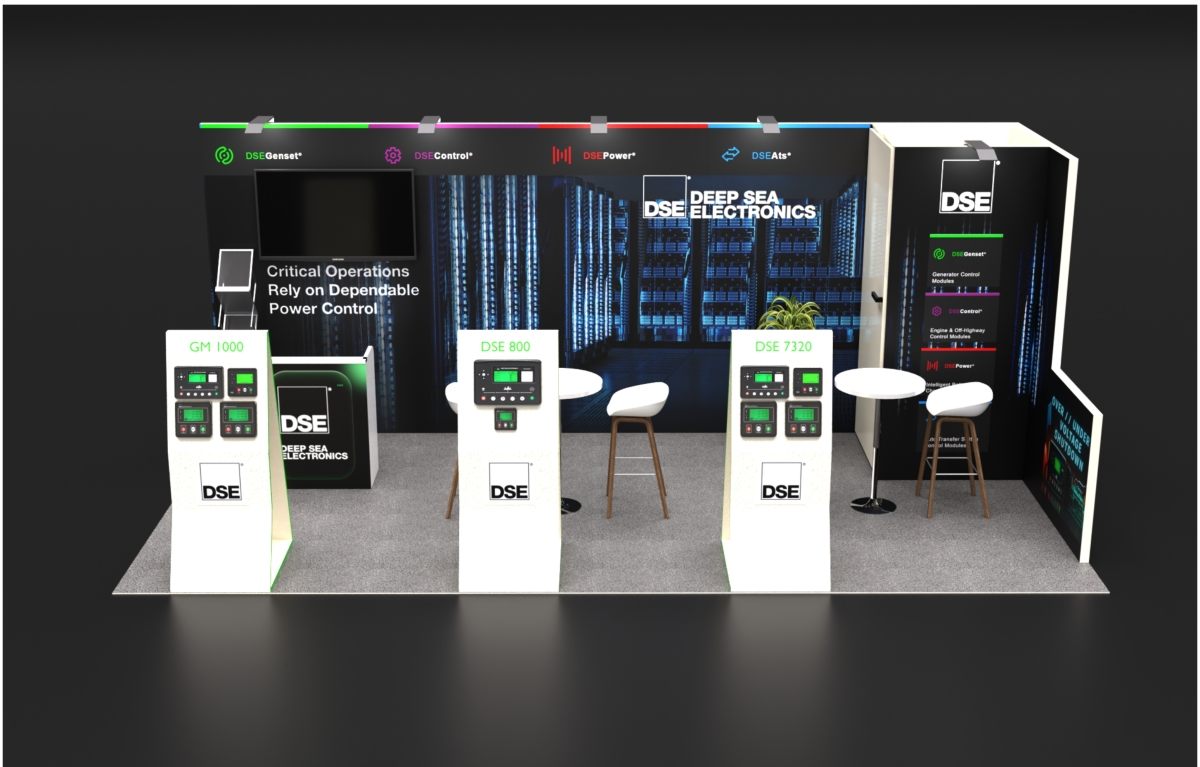 Design render of a 10×20 inline trade show booth: inline booth with three product display stands and storage room
