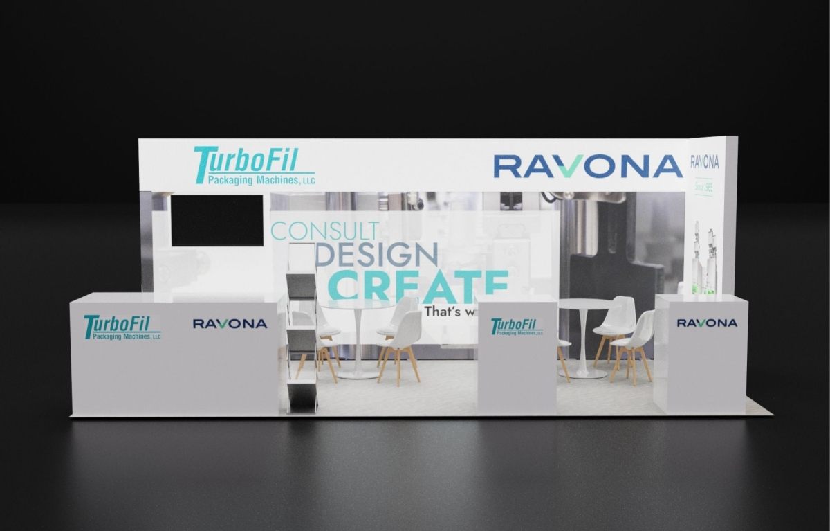 Design render of a 10×20 inline trade show booth: inline booth with three white counter blocks and photo wall