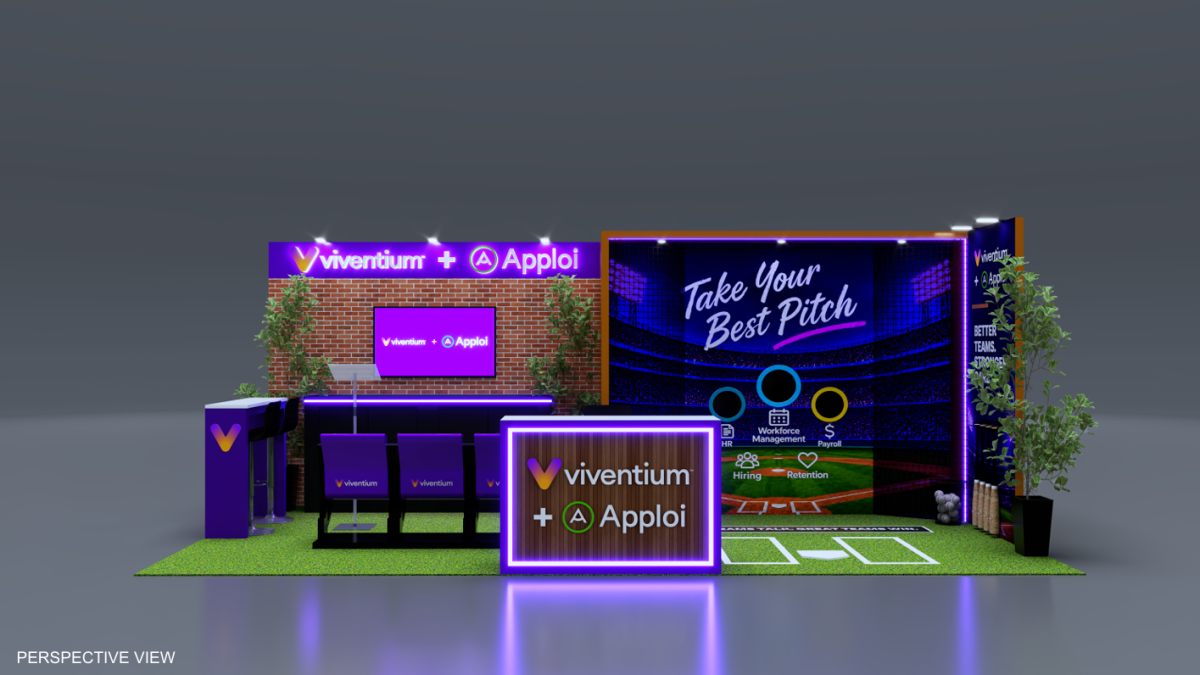 Design render of a 10×20 inline trade show booth: inline booth with turf floor, brick wall and stadium seats