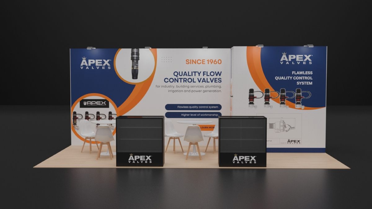 Design render of a 10×20 inline trade show booth: inline booth with twin lit display cabinets and offset wall
