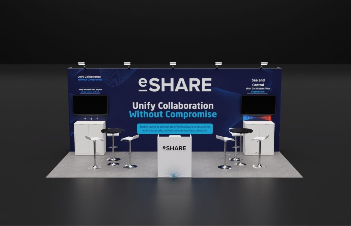 Design render of a 10×20 inline trade show booth: inline booth with twin screens and lockable cabinets