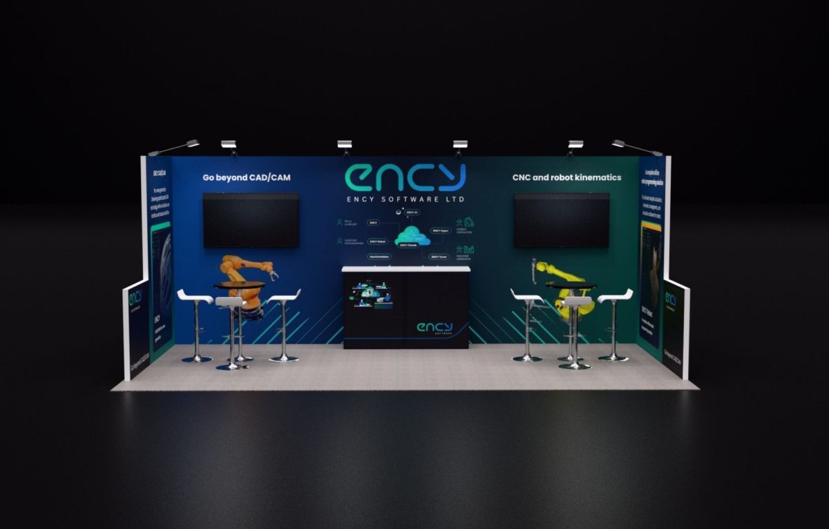 Design render of a 10×20 inline trade show booth: inline booth with twin tvs and center counter