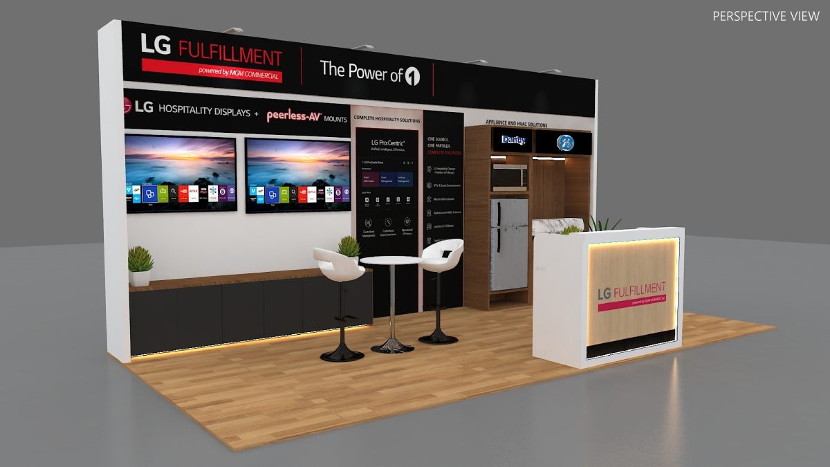 Design render of a 10×20 inline trade show booth: inline booth with twin wall screens and backlit reception counter