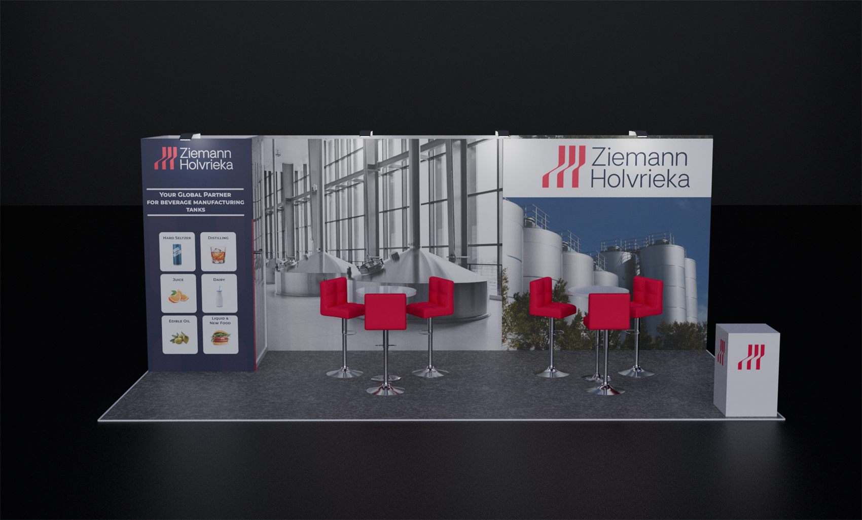 10×20 Inline Booth With Two Bar-Height Tables and Product Tower Panel