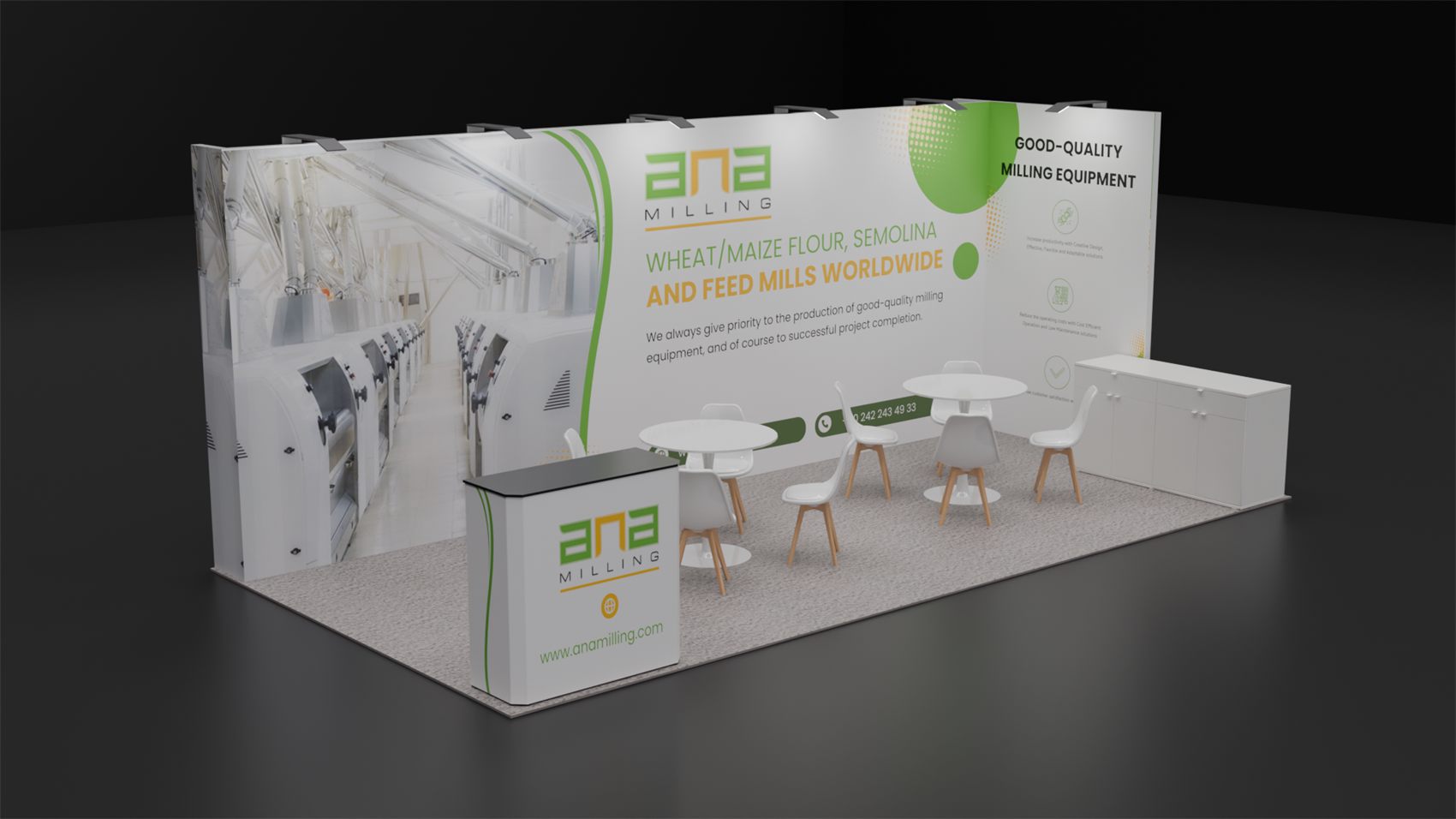 10×20 Inline Booth With Two Café Table Seating Areas and Storage Credenza