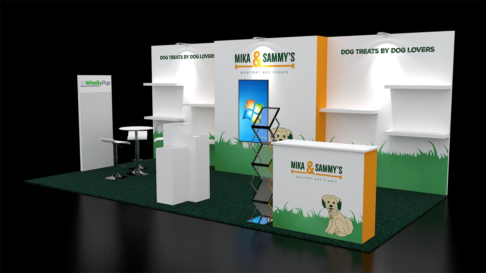 10×20 Inline Booth With Vertical Digital Screen and Product Display Shelves