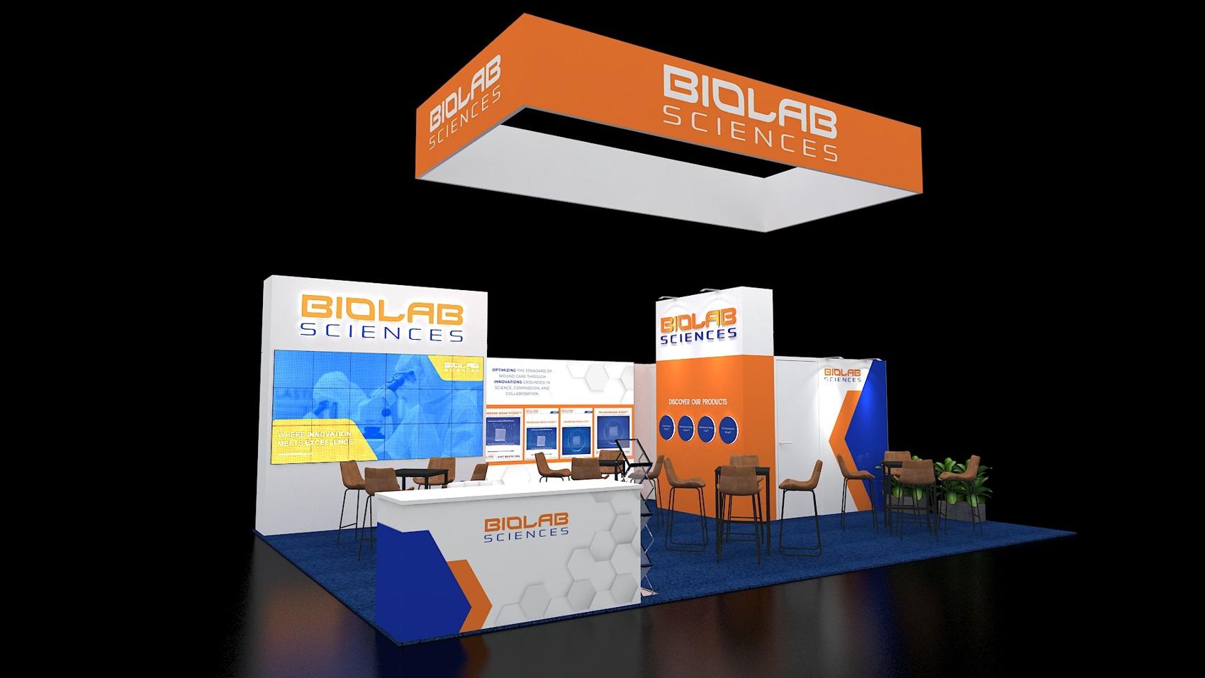 10×20 Inline Booth With Video Wall and Hanging Sign