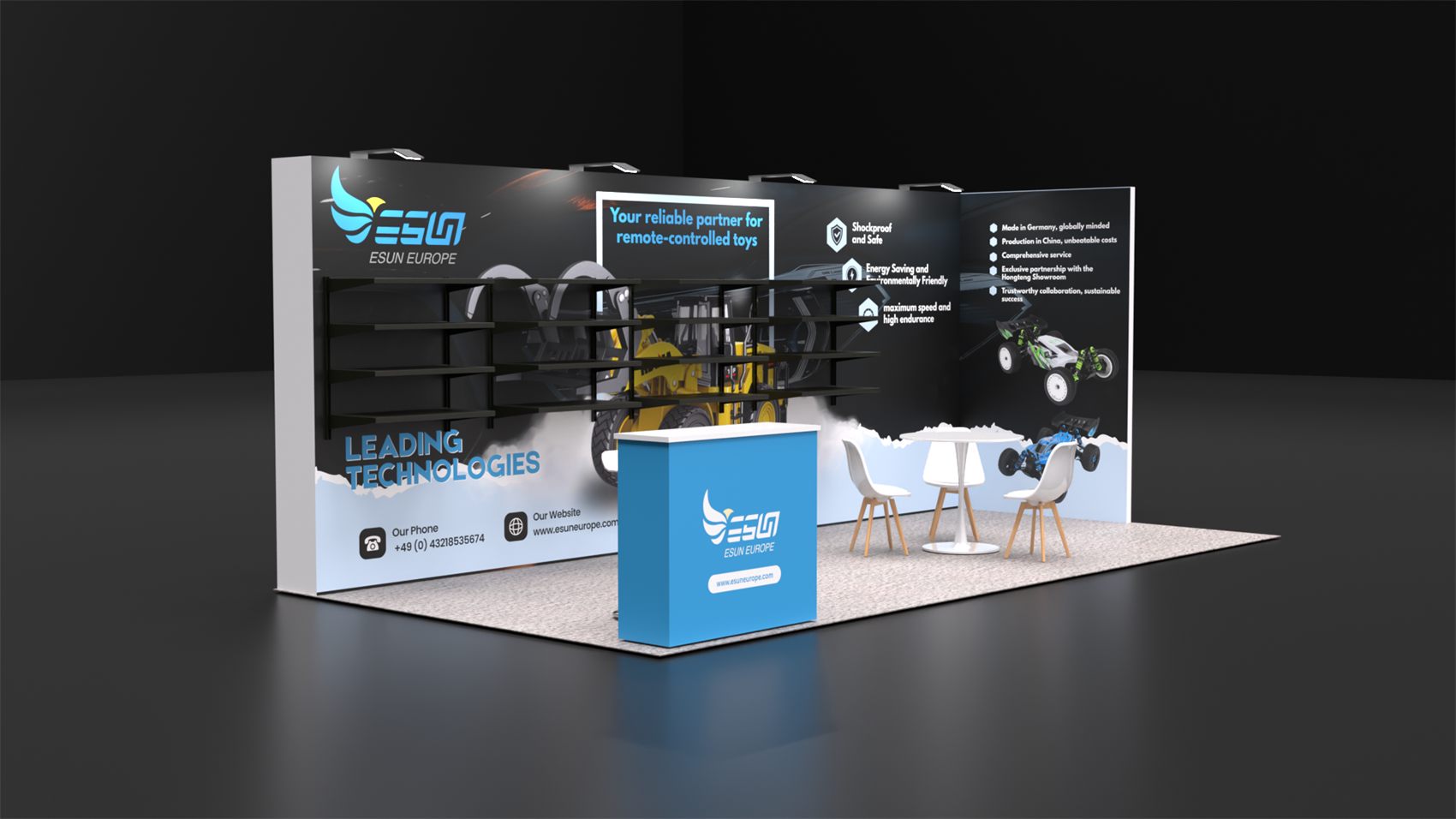 10×20 Inline Booth With Wall-Mounted Product Shelving and Side Return Wall