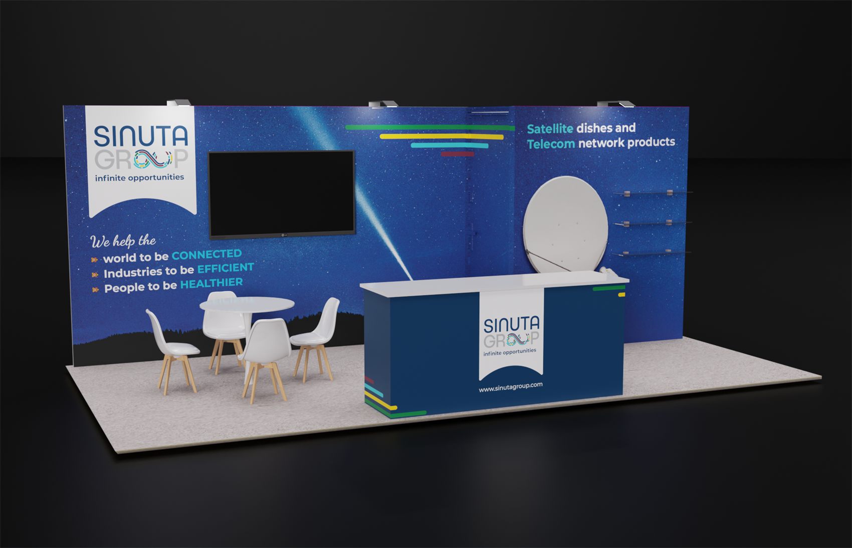 10×20 Inline Booth With Wall-Mounted TV and Glass Product Shelves