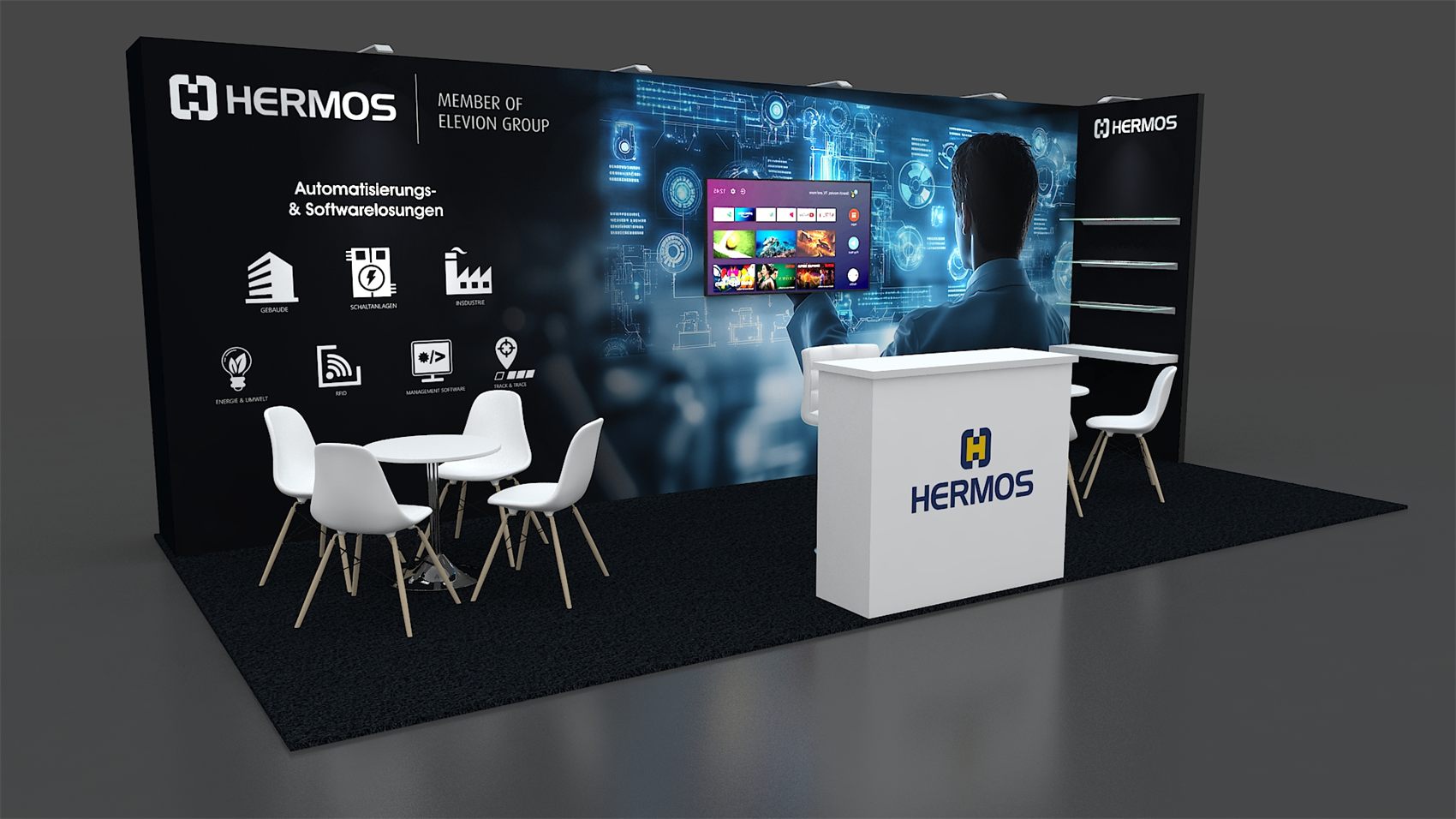 10×20 Inline Booth With Wall-Mounted TV and Glass Shelf Return Wall