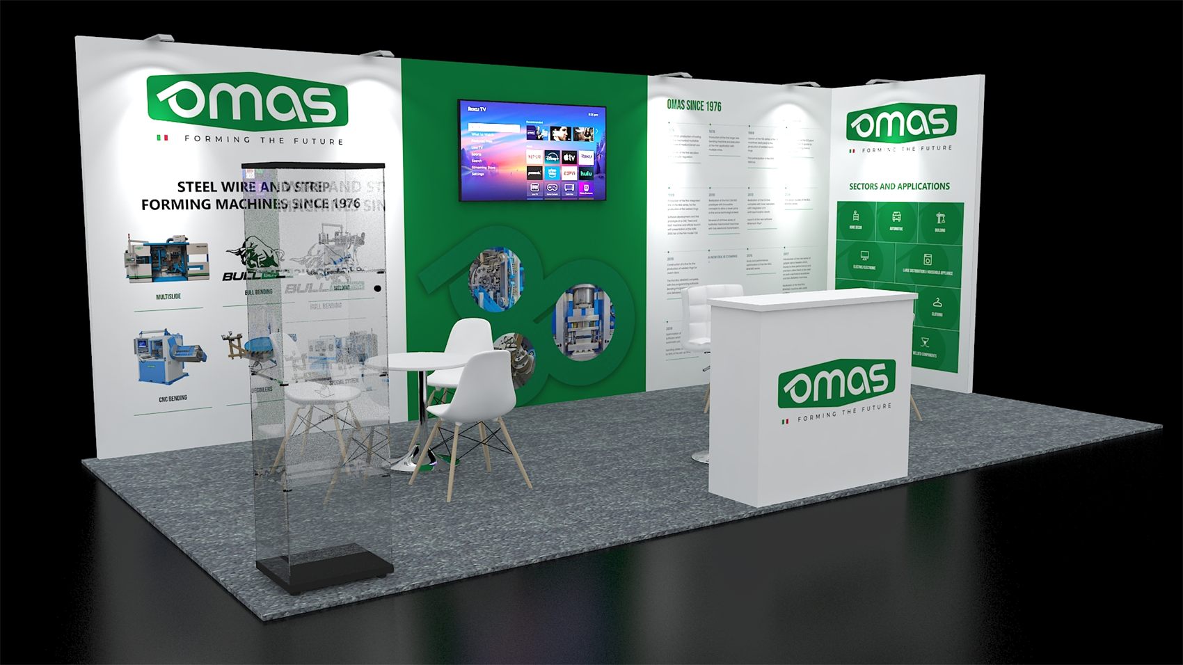 10×20 Inline Booth With Wall-Mounted TV and Glass Tower Showcase
