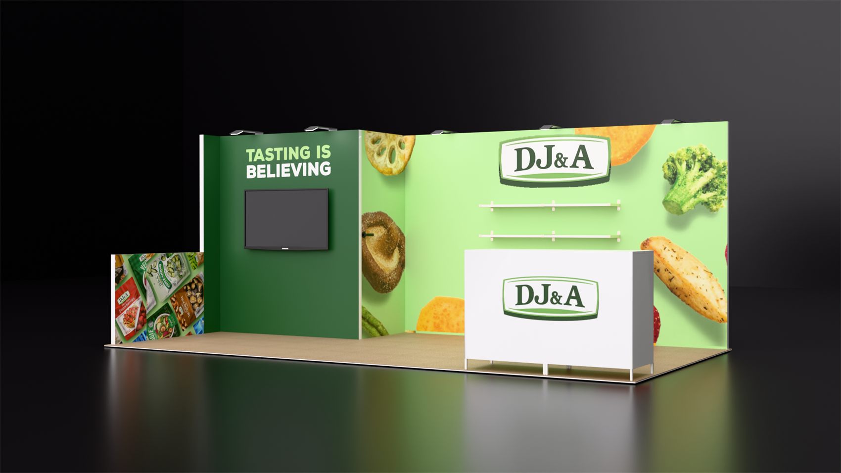 10×20 Inline Booth With Wall-Mounted TV and Product Shelves