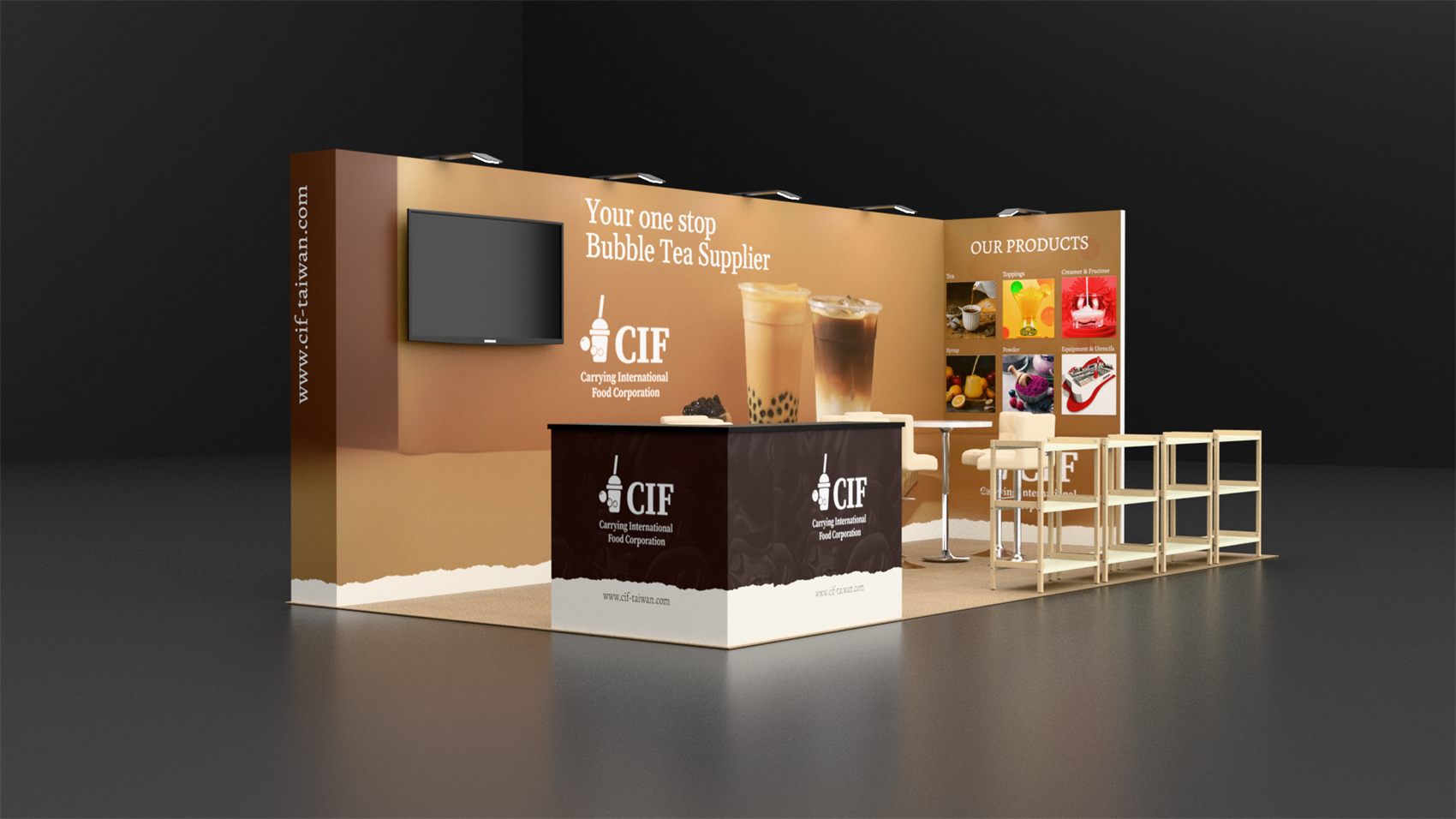10×20 Inline Booth With Wall-Mounted TV and Wooden Display Shelves