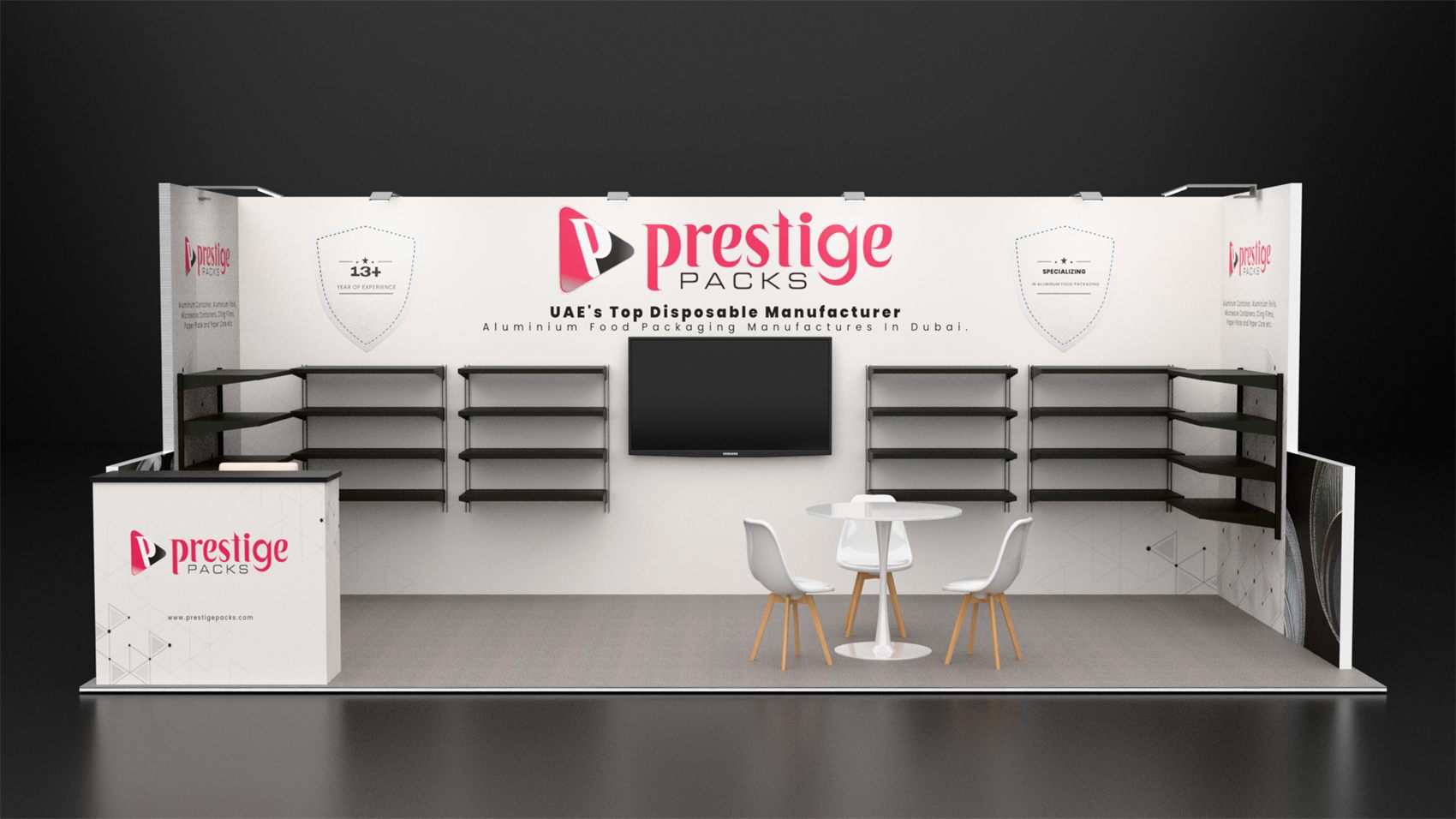 10×20 Inline Booth With Wall Shelving and Central TV