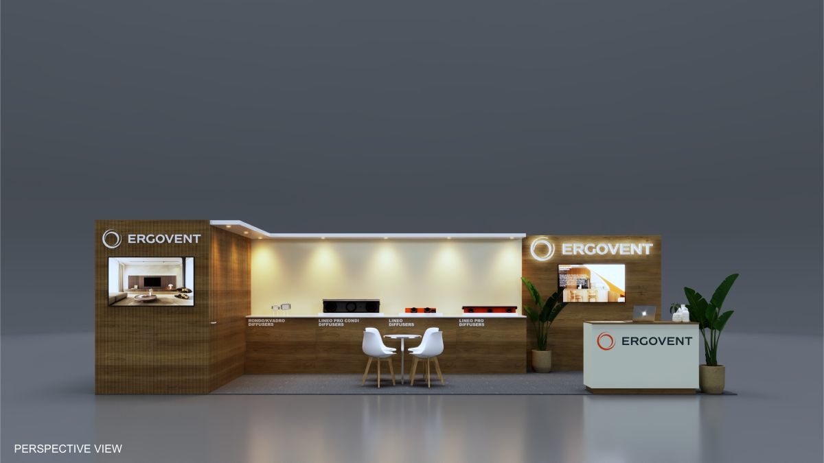 Design render of a 10×30 inline trade show booth: inline booth with wood panel walls and product display counter