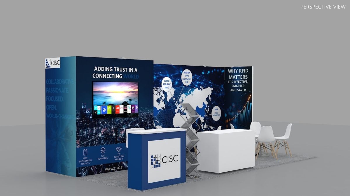 Design render of a 10×20 inline trade show booth: inline booth with world-map wall and wall tv