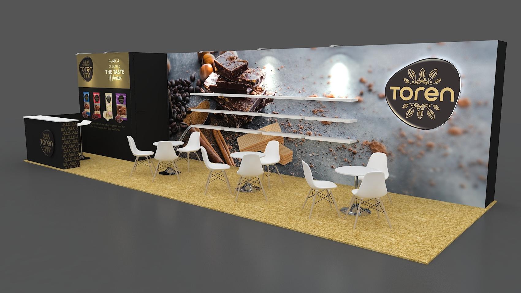 10×30 Corner Booth With Product Shelves and Seating