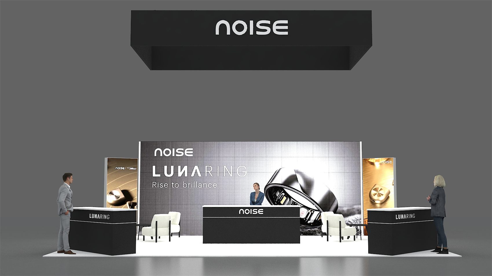10×30 Inline Booth With LED Video Wall and Square Hanging Sign