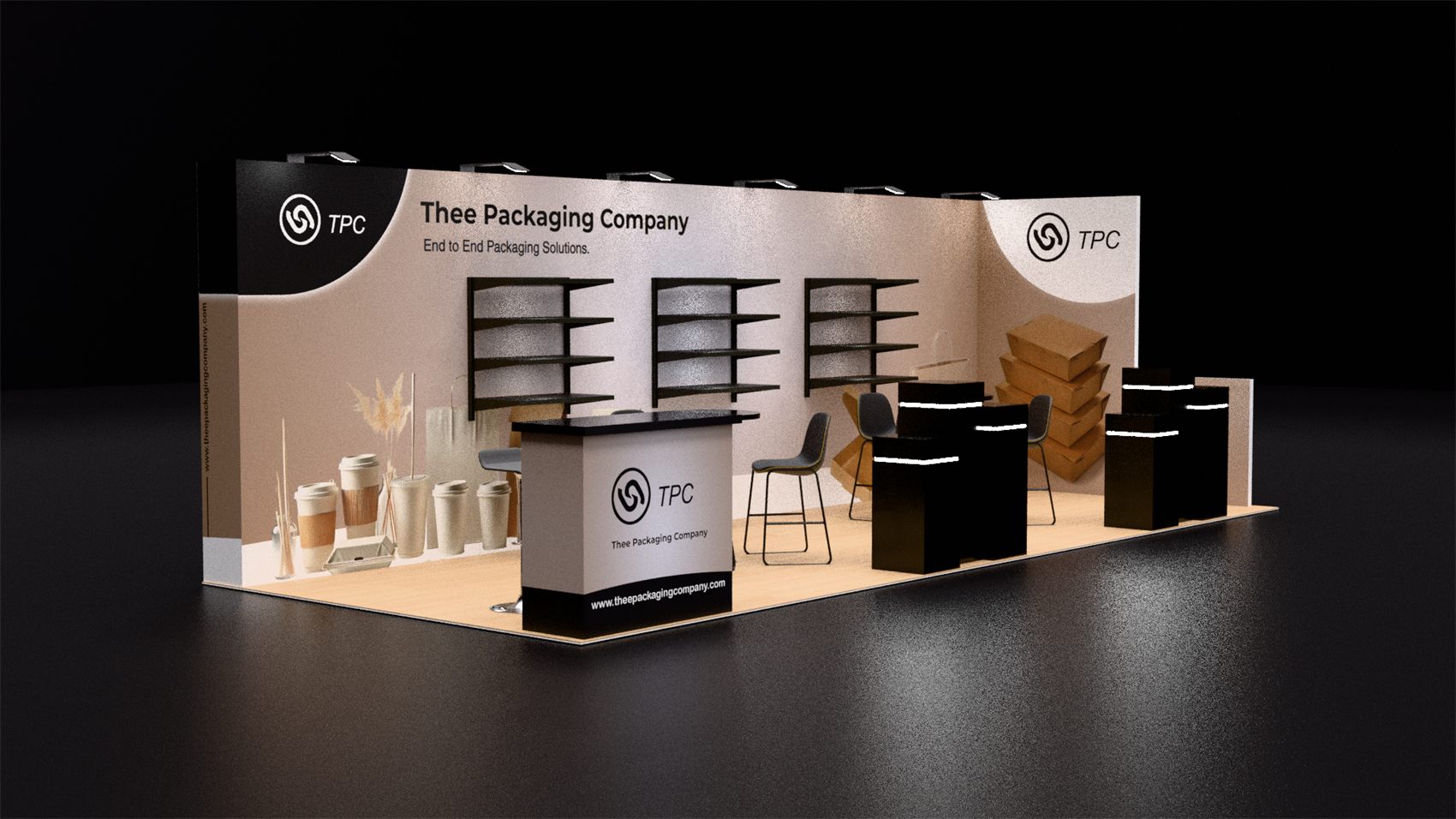 10×30 Inline Booth With Lit Display Pedestals and Wall Shelving
