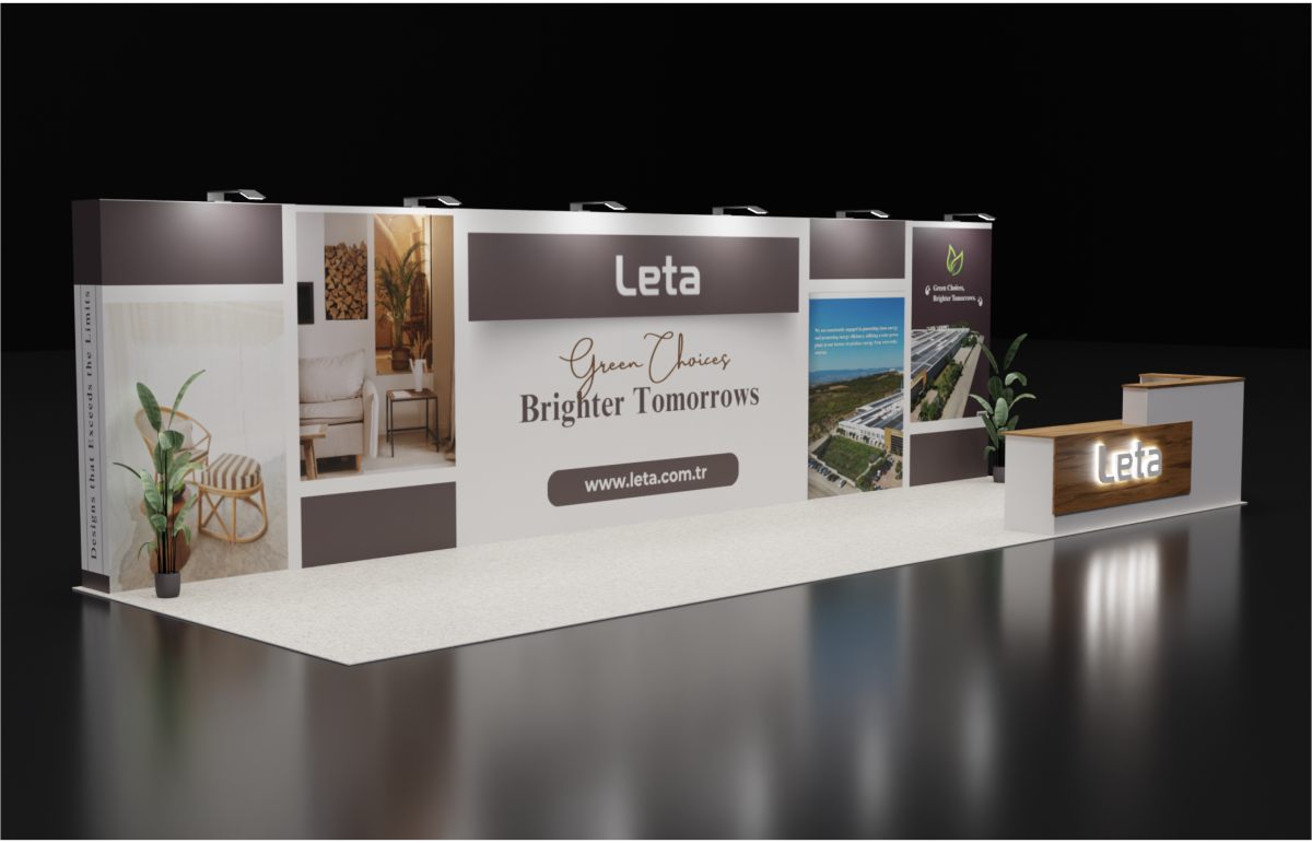 Design render of a 10×30 inline trade show booth: inline booth with long graphic wall and wood-look reception counter