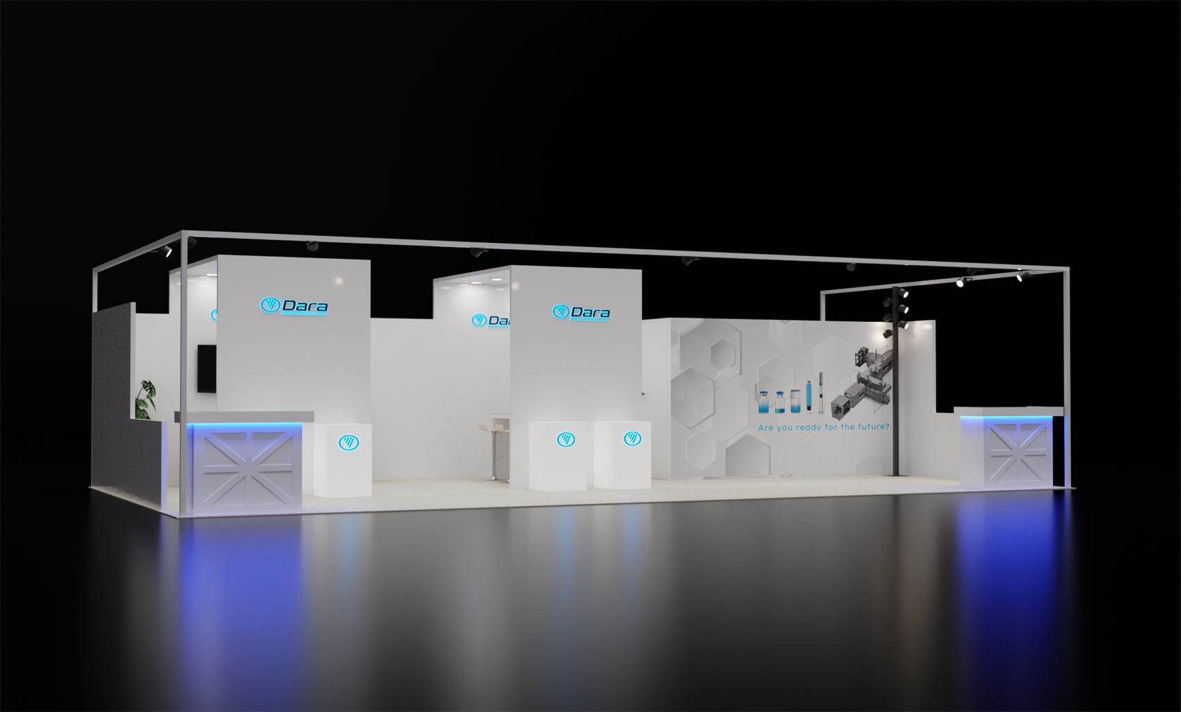 10×30 Inline Booth With Overhead Truss Frame and Backlit Counters