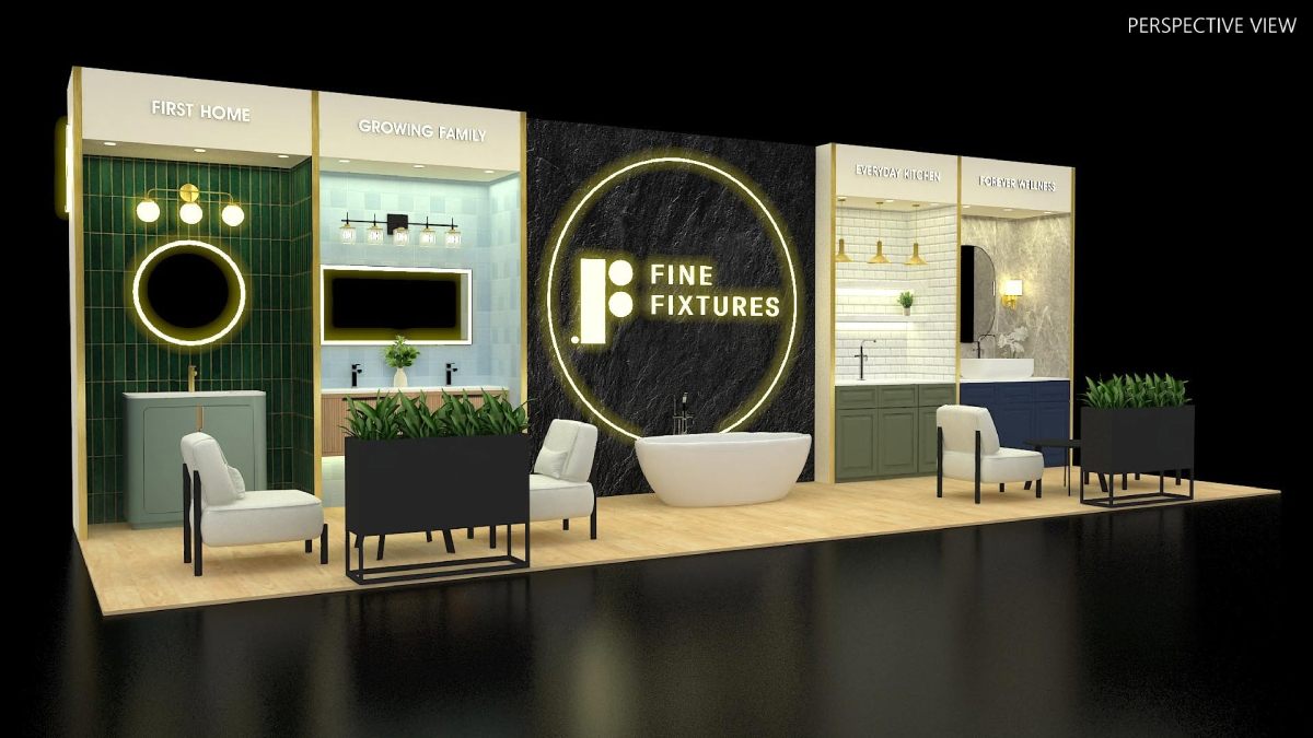 Design render of a 10×30 inline trade show booth: inline booth with round backlit logo and five display vignettes