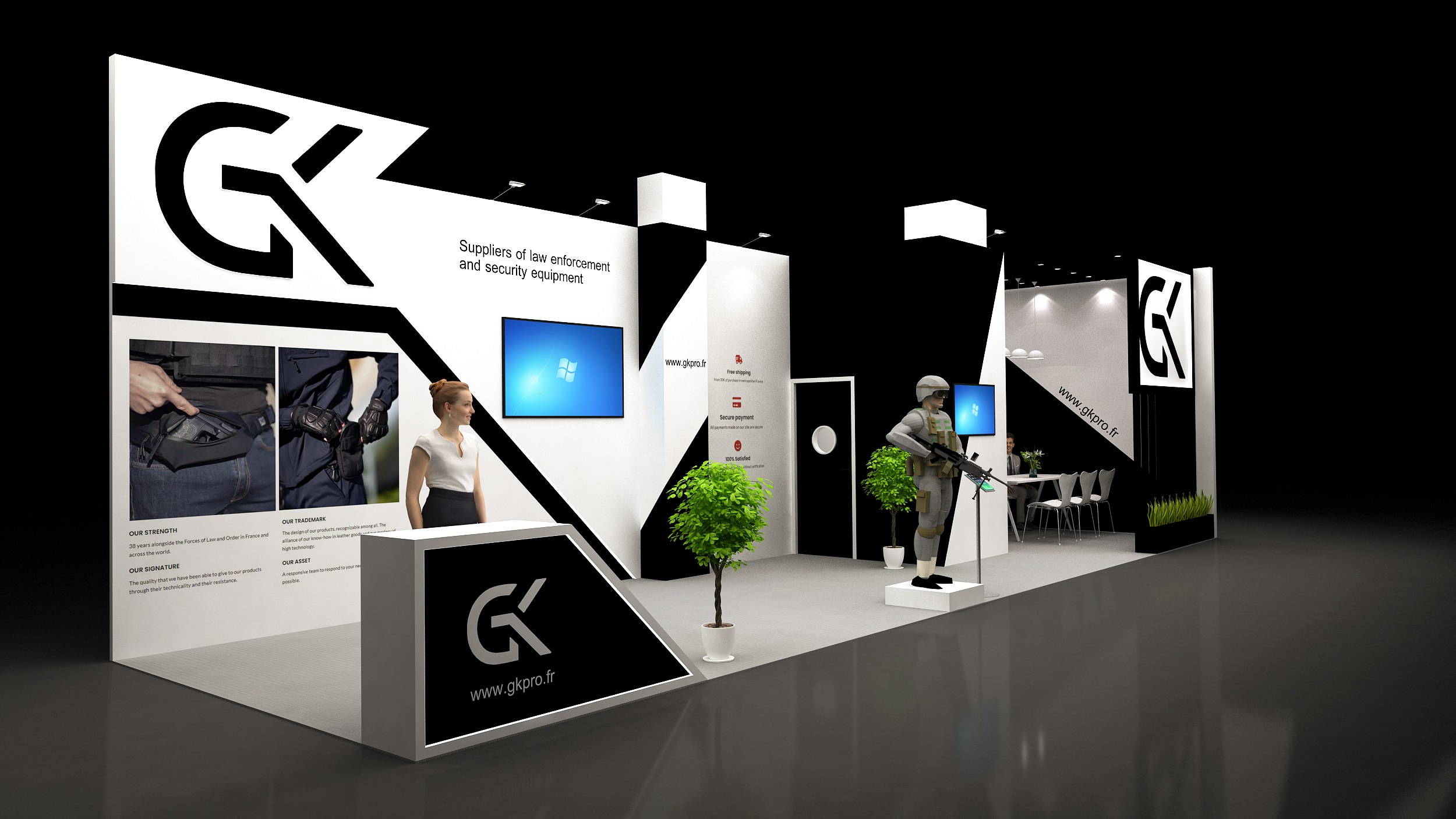 Design render of a 10×30 inline trade show booth: inline booth with slatted meeting room and angled graphic walls
