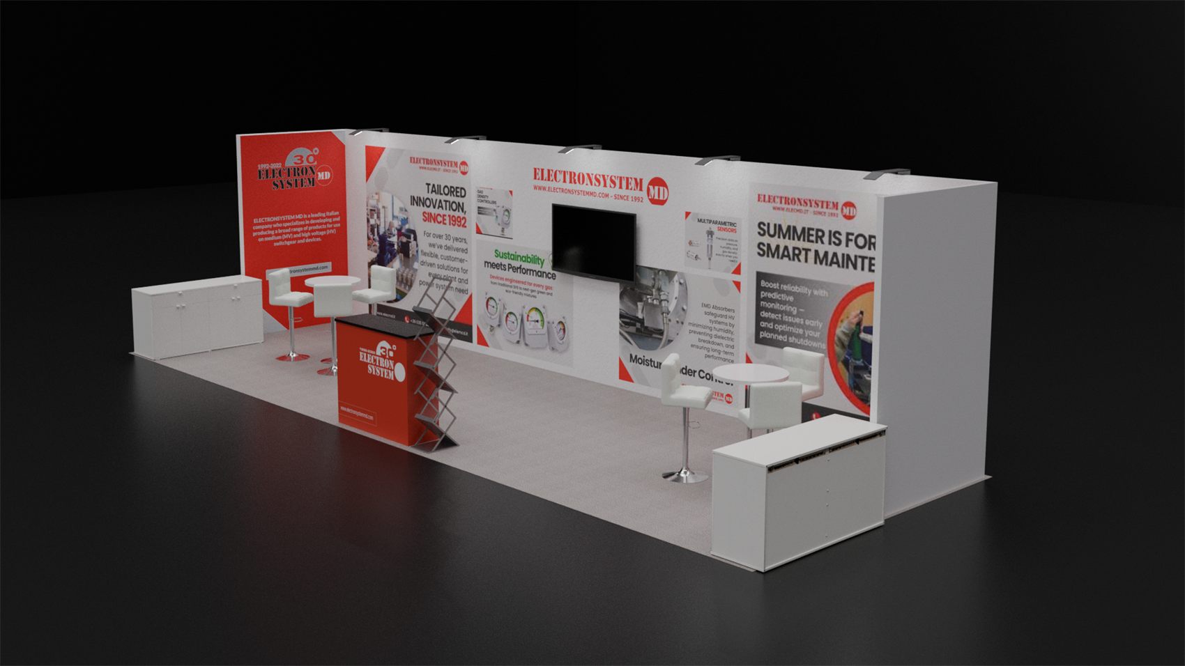 10×30 Inline Booth With Wall-Mounted TV and Twin Bar-Table Areas