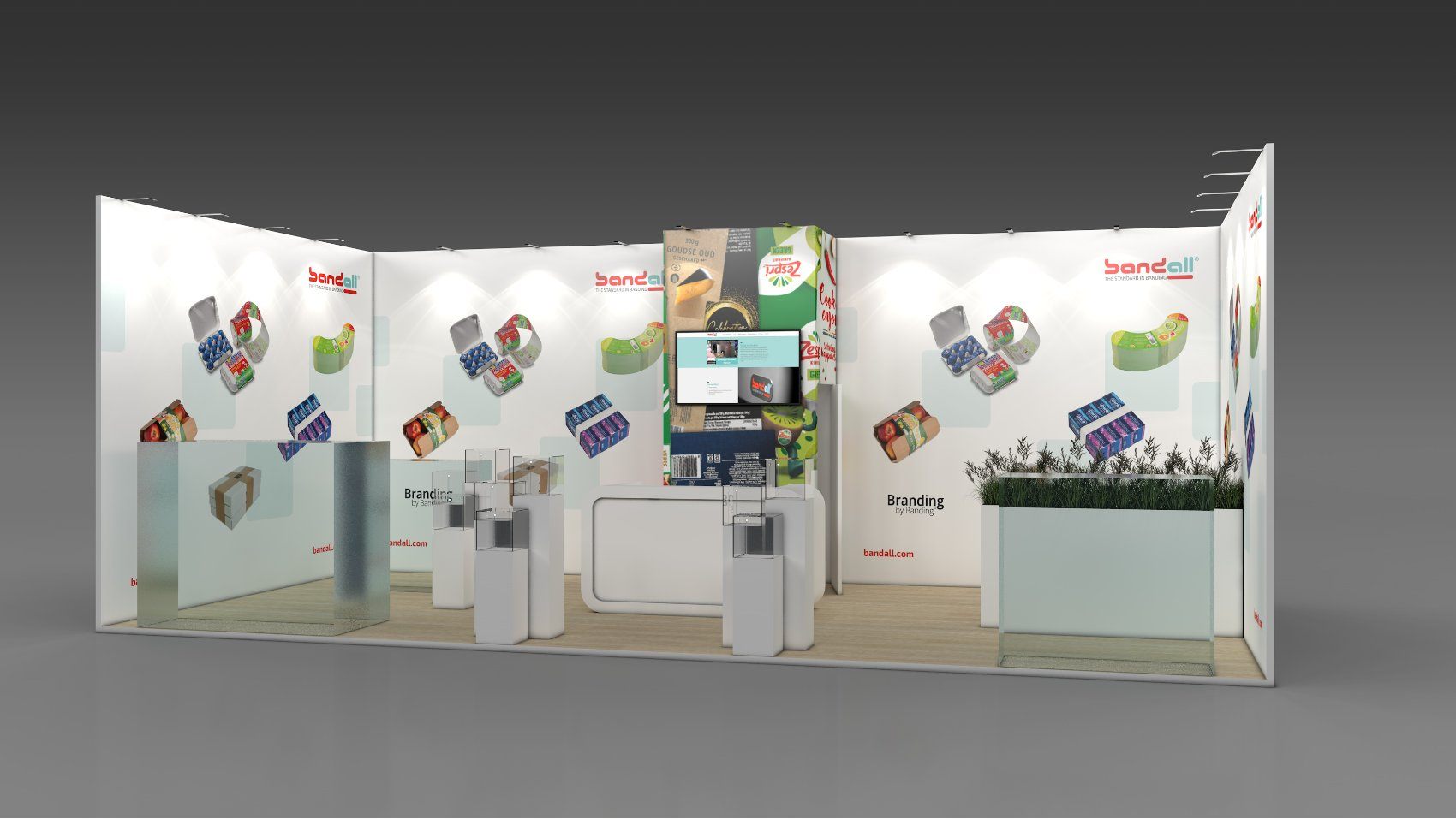 Design render of a 10×20 inline trade show booth: inline booth with white graphic walls and display pedestals