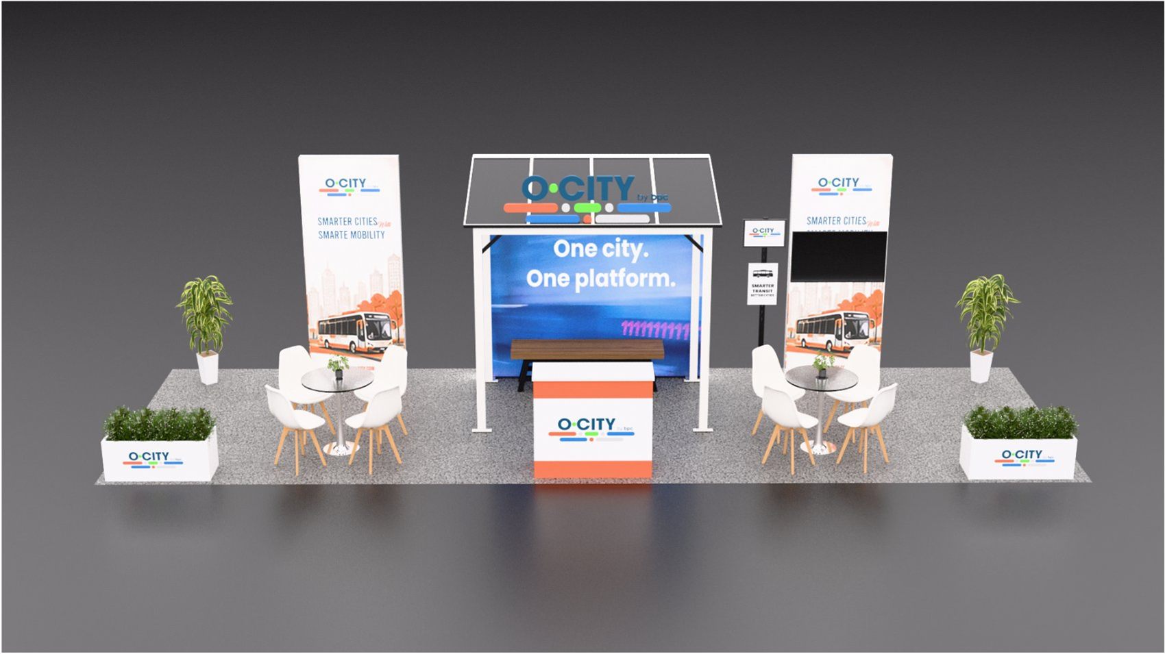 Design render of a 10×30 island trade show booth: island booth with bus shelter canopy and banner towers