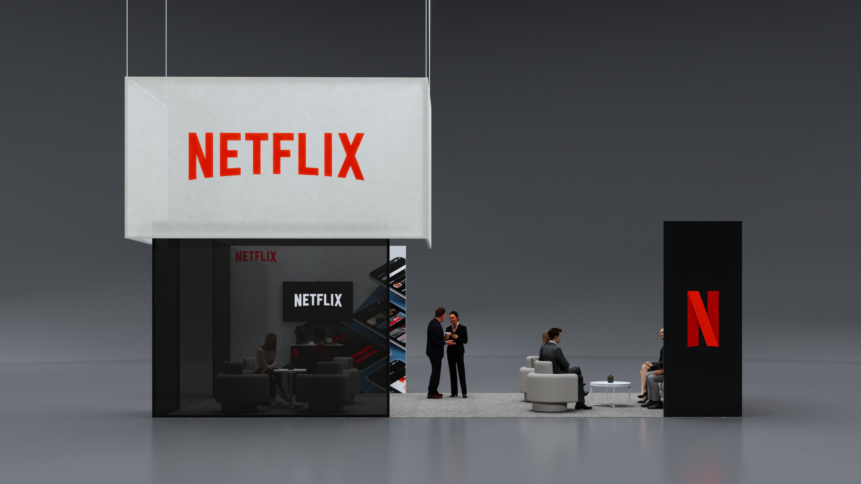 Design render of a 10×30 island trade show booth: island booth with glass meeting room and hanging sign