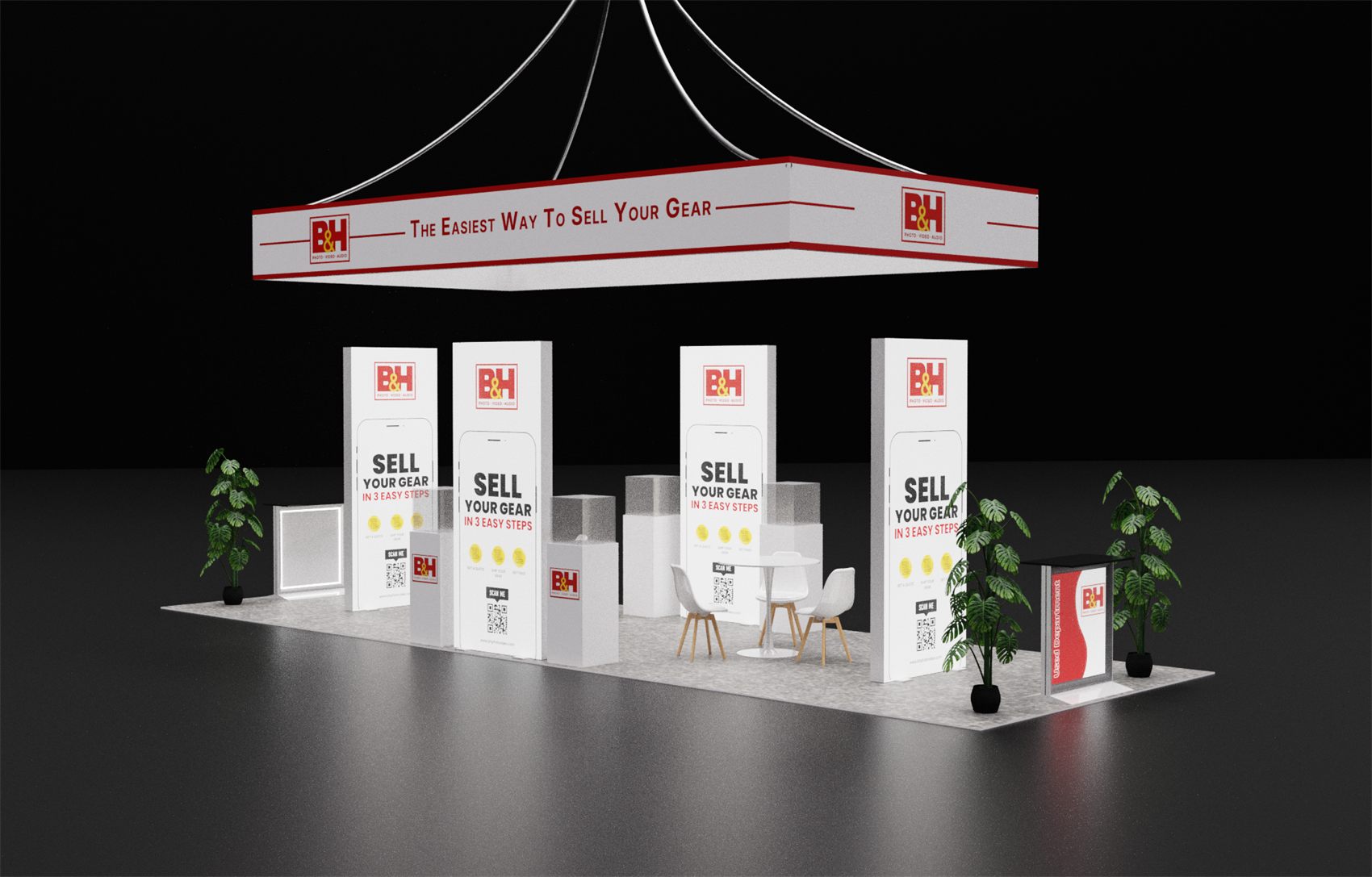 10×30 Island Booth With Rectangular Hanging Sign and Graphic Towers