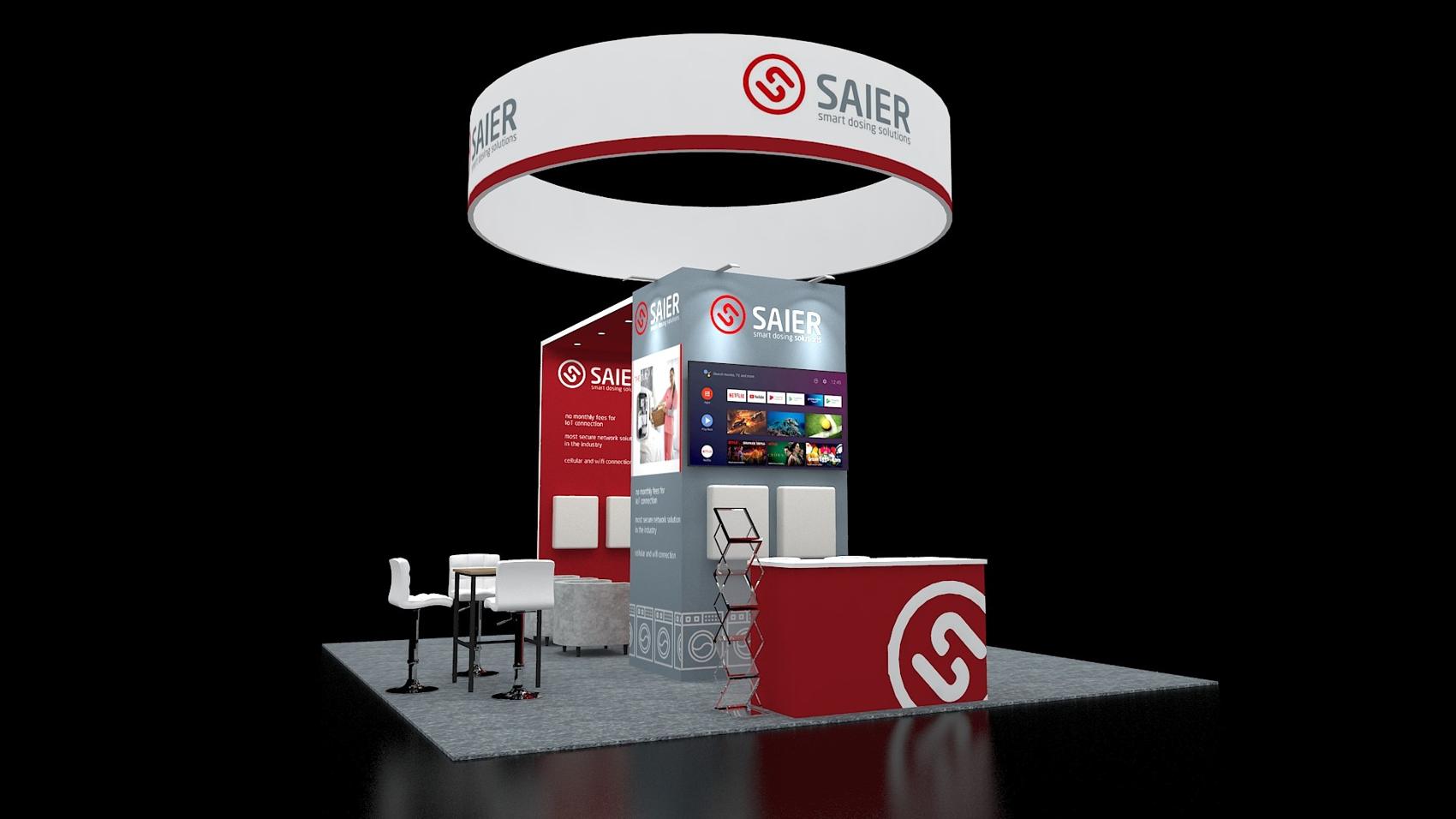 10×30 Island Booth With Round Hanging Sign and Tower