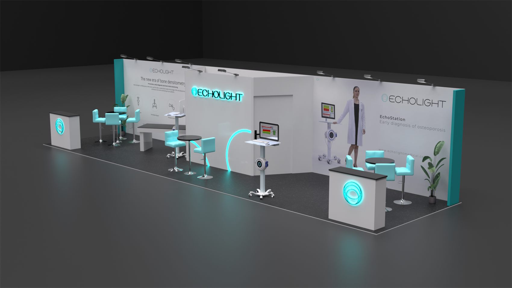 10×40 Inline Booth With Angled Storage Room and Backlit Logo Counters