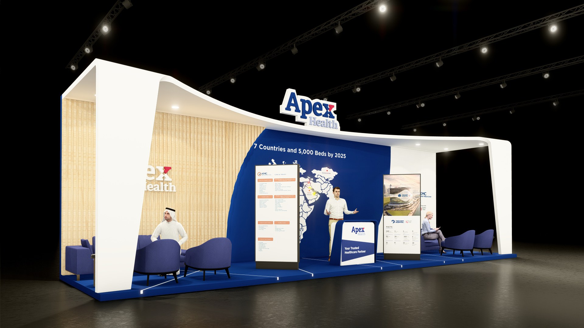 Design render of a 10×40 inline trade show booth: inline booth with curved canopy and two lounge areas