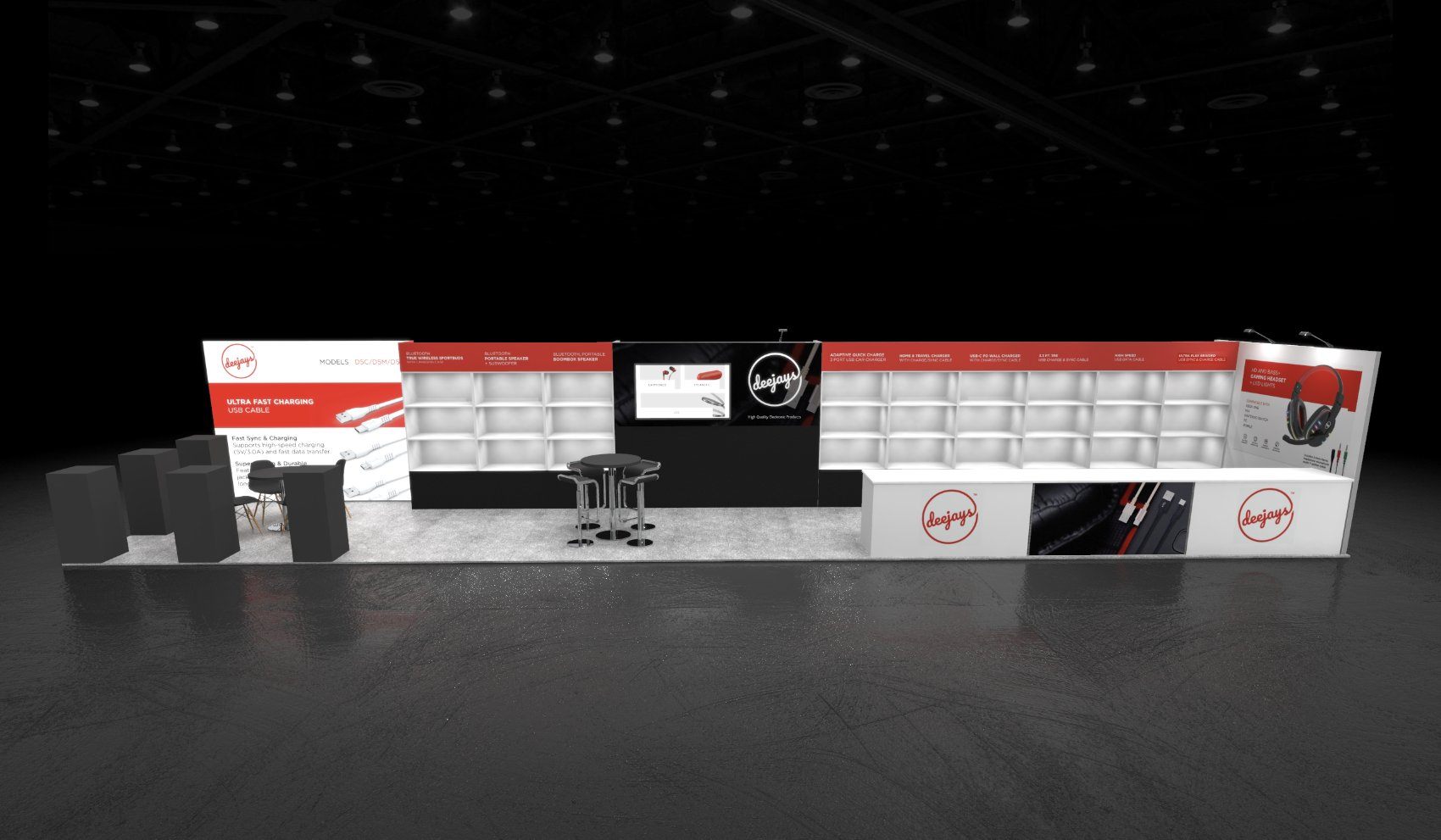 Design render of a 10×40 inline trade show booth: inline booth with long cubby shelf walls and sales counter