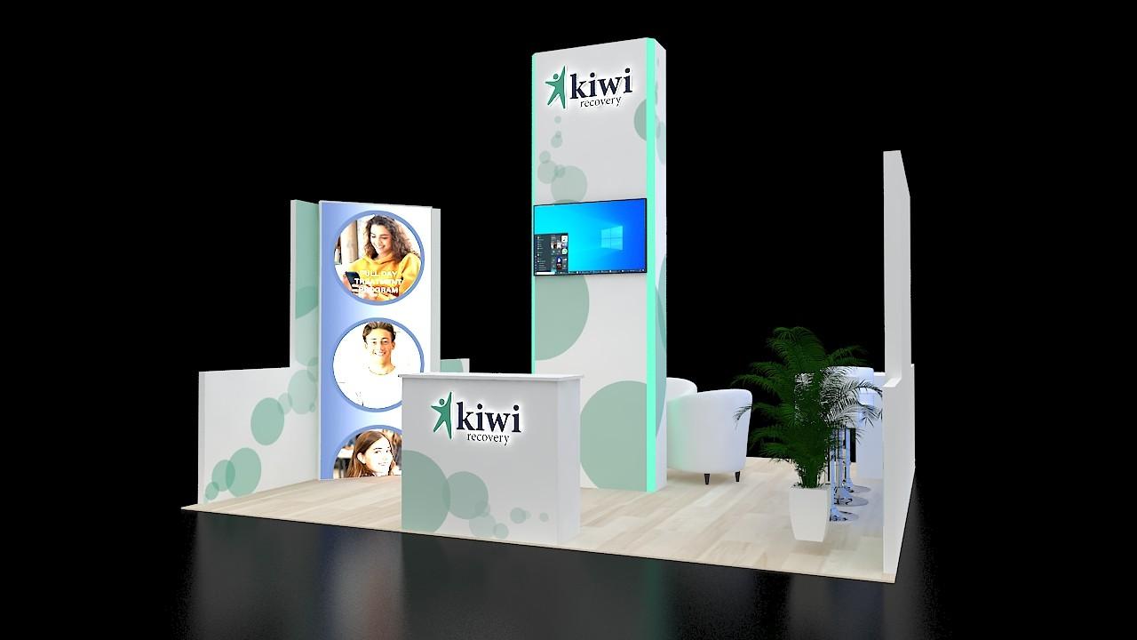 14×16 Peninsula Booth Booth With Logo Tower and Lounge Seating