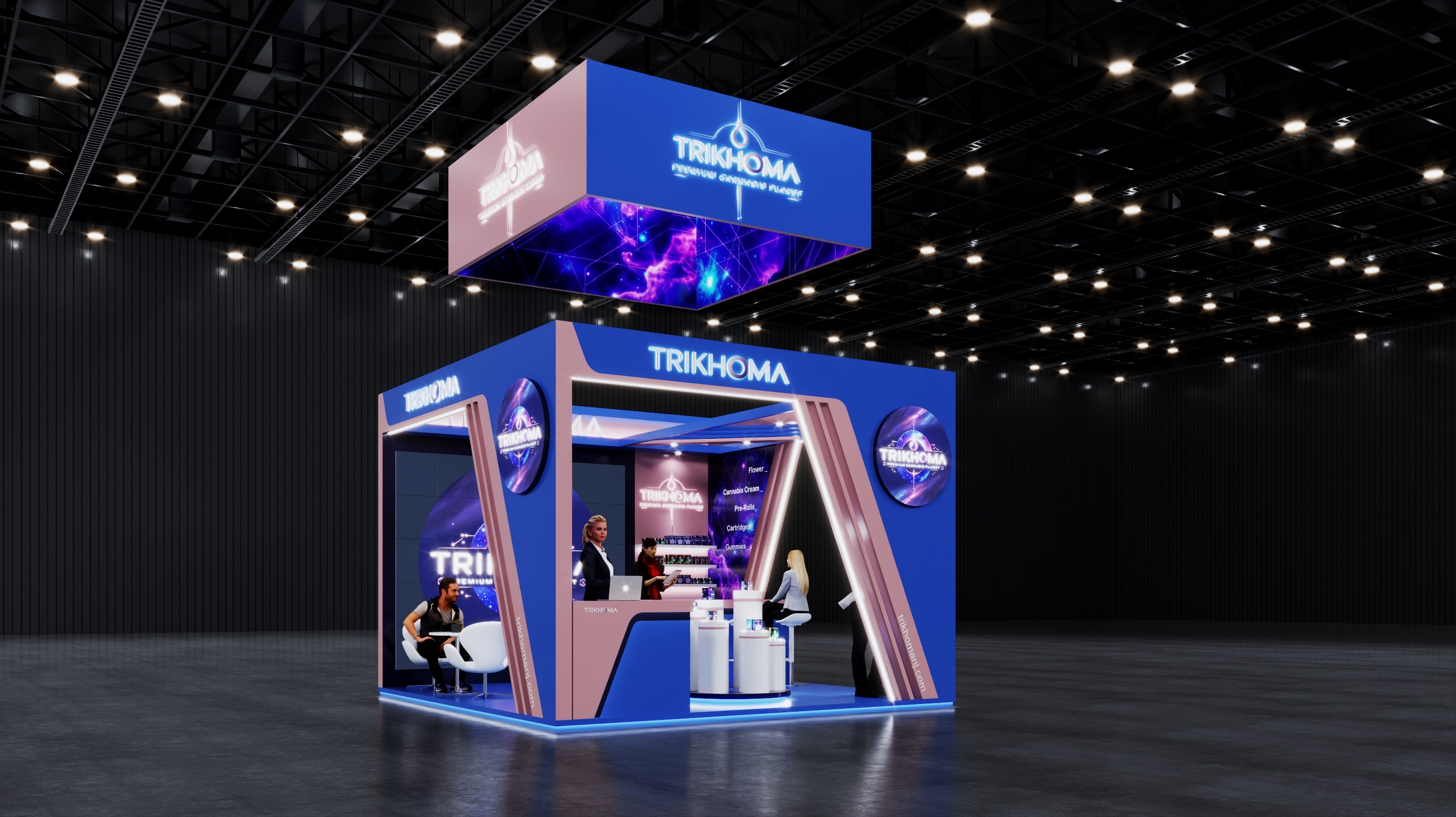 Design render of a 15×15 island trade show booth: island booth with square hanging sign and led video wall
