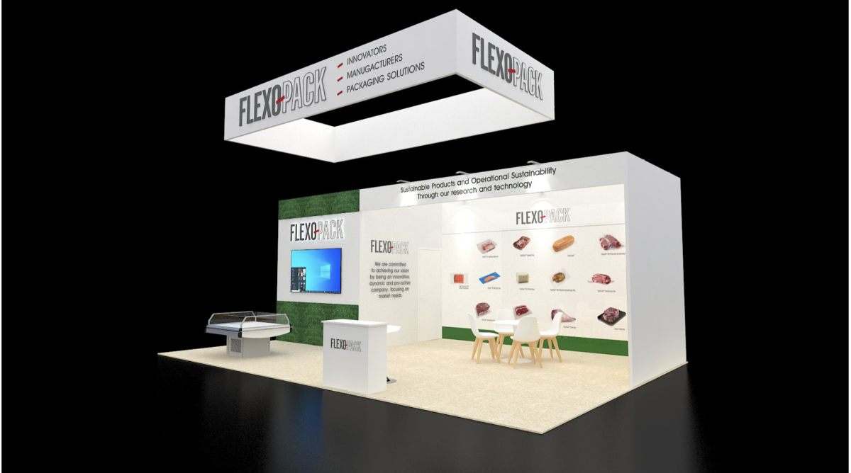 Design render of a 15×20 corner trade show booth: corner booth with large hanging sign and display fridge