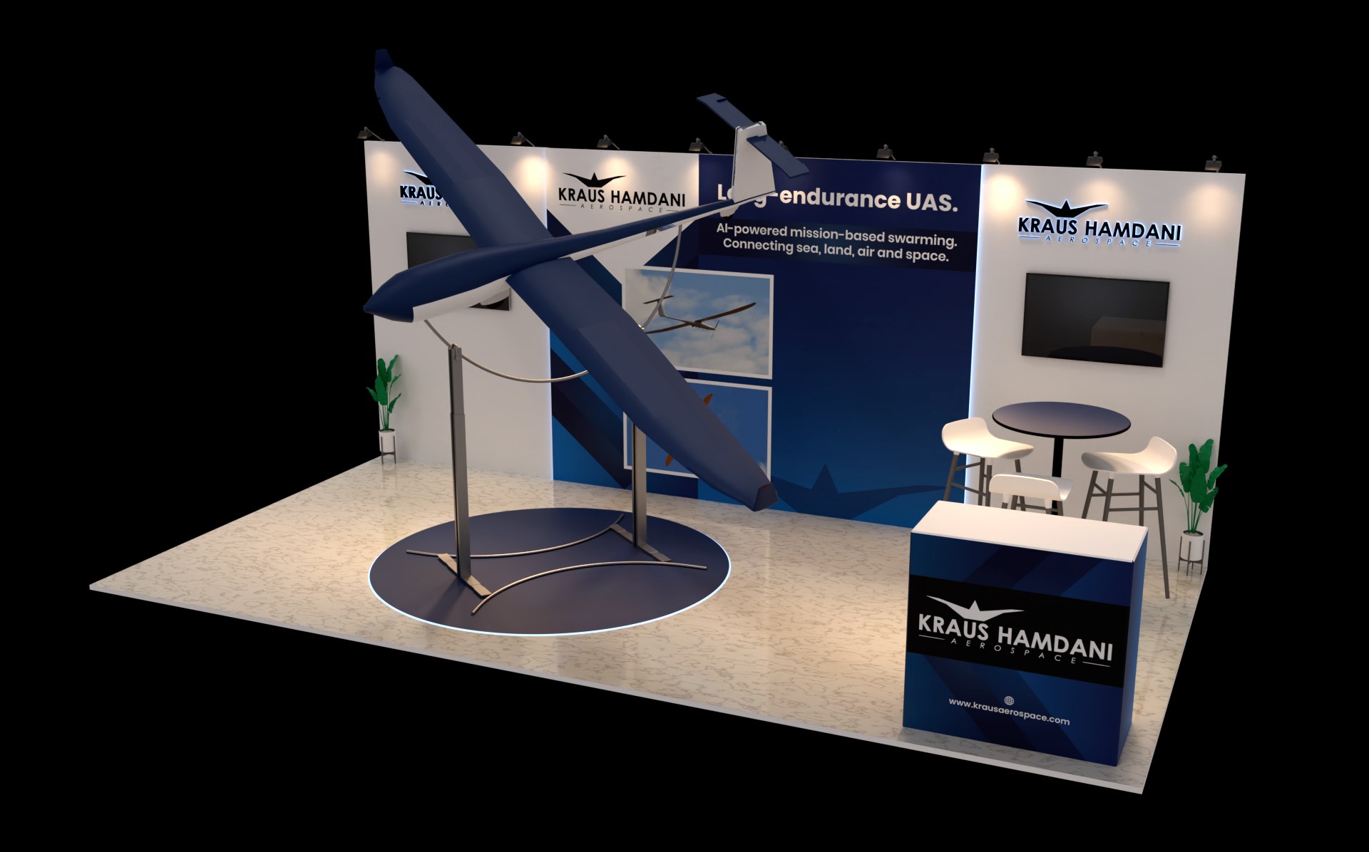 Design render of a 15×20 corner trade show booth: corner booth with printed back wall and two tvs