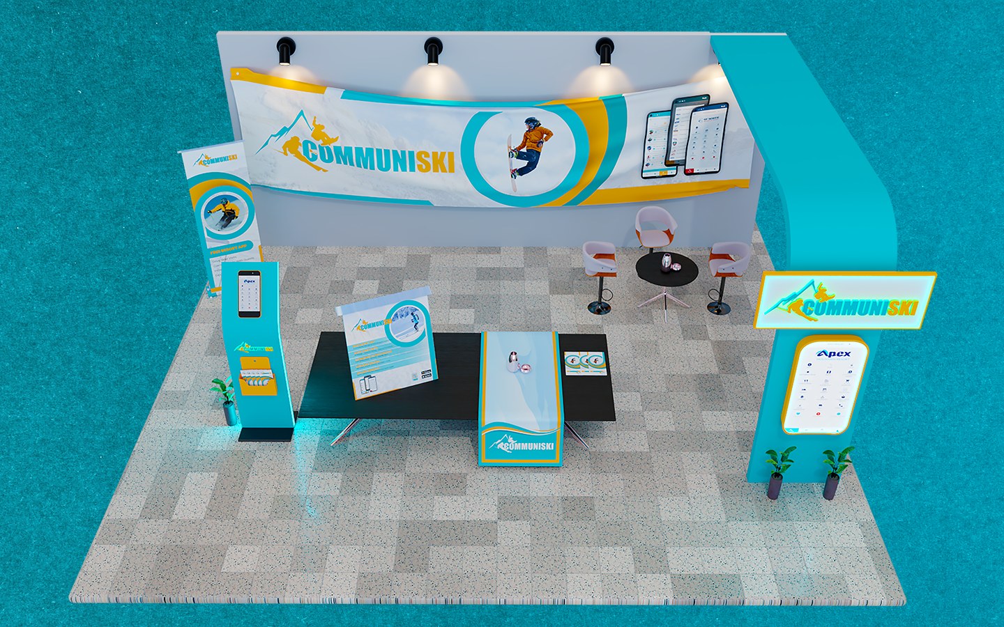 Design render of a 15×20 inline trade show booth: inline booth with curved arch tower and info kiosk