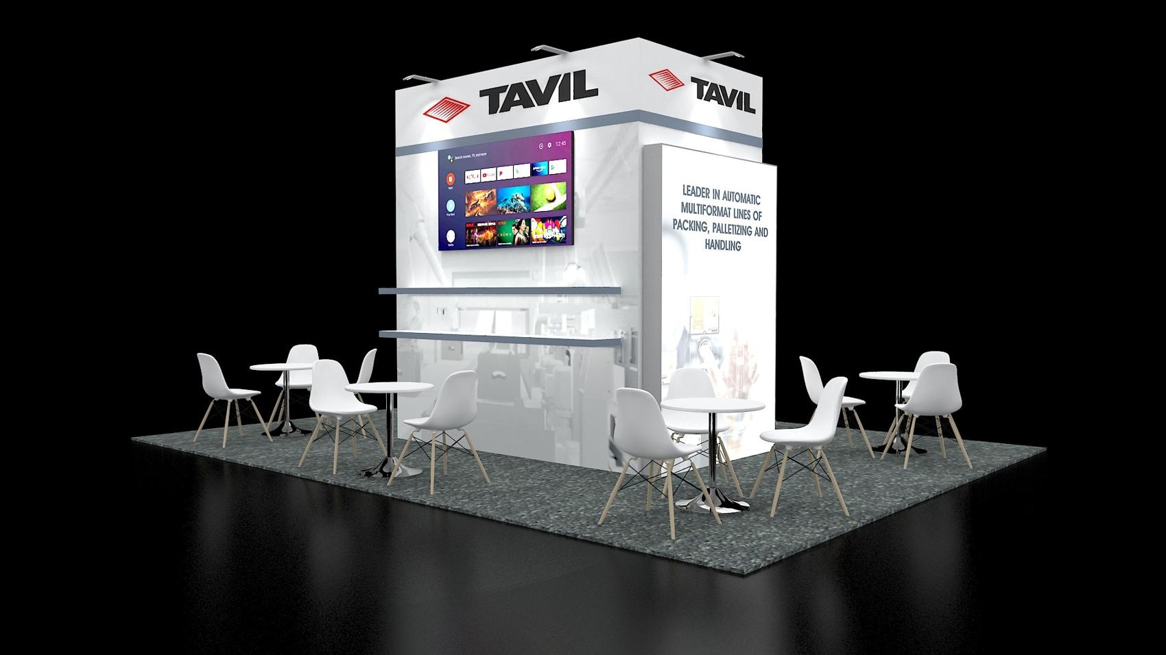15×20 Island Booth With Central Tower and Cafe Seating