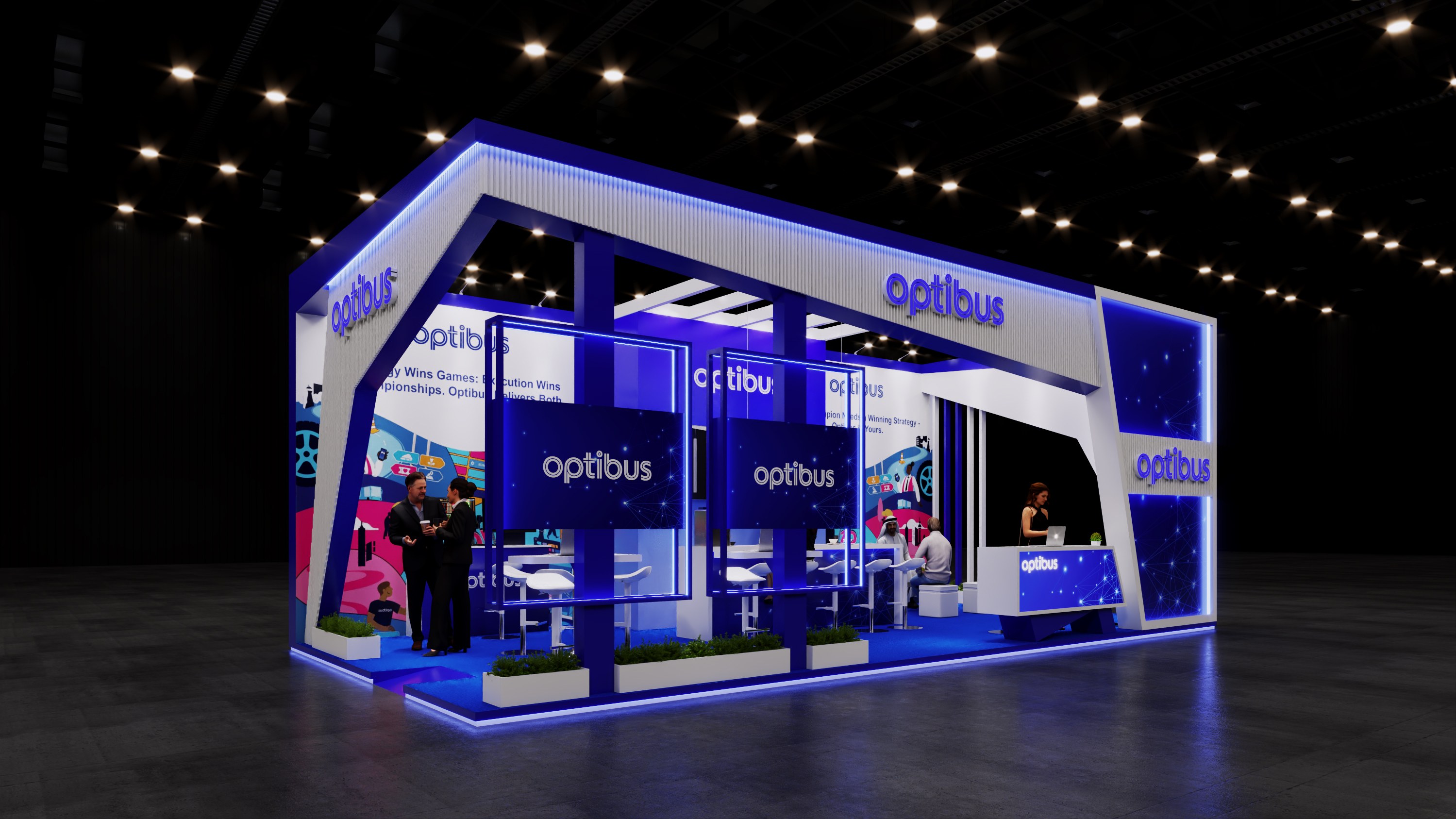 Design render of a 15×30 corner trade show booth: corner booth with coffee bar and backlit display frames